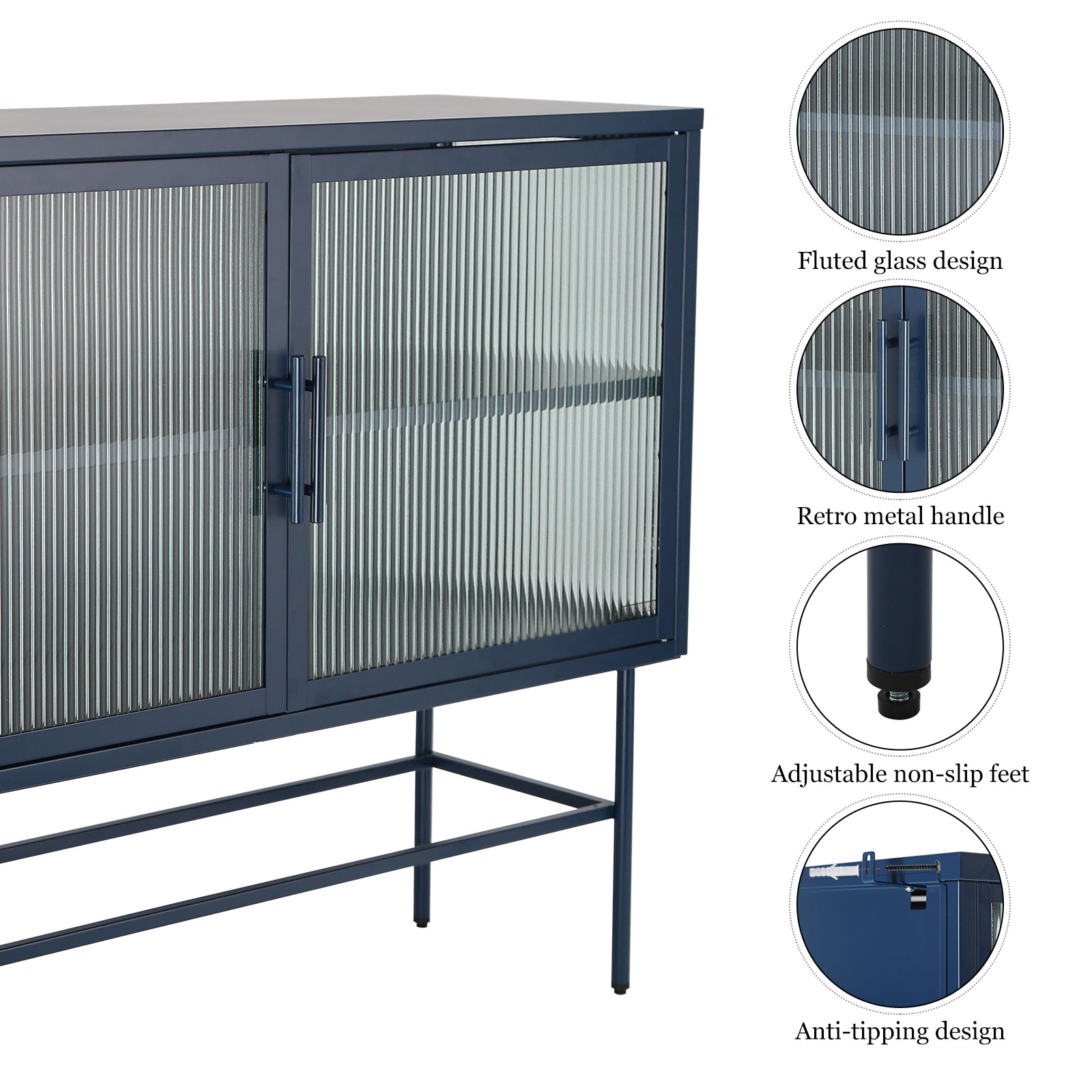Double Door Tempered Glass Sideboard Console Table With 2 Fluted Glass Doors Adjustable Shelf And Feet Anti Tip Dust Free Kitchen Credenza Cabinet Blue Blue Tempered Glass Sheet Metal Plastic