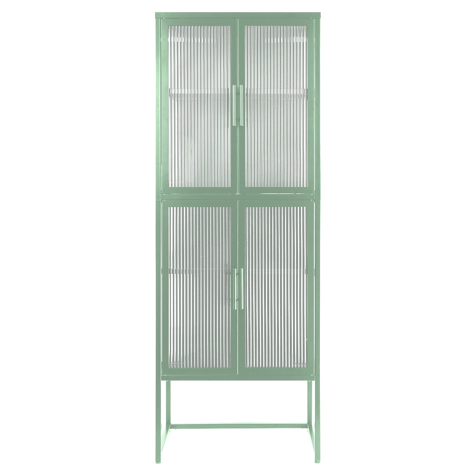 Stylish 4 Door Tempered Glass Cabinet With 4 Glass Doors Adjustable Shelves U Shaped Leg Anti Tip Dust Free Fluted Glass Kitchen Credenza Light Green Mint Green Tempered Glass Sheet Metal Plastic