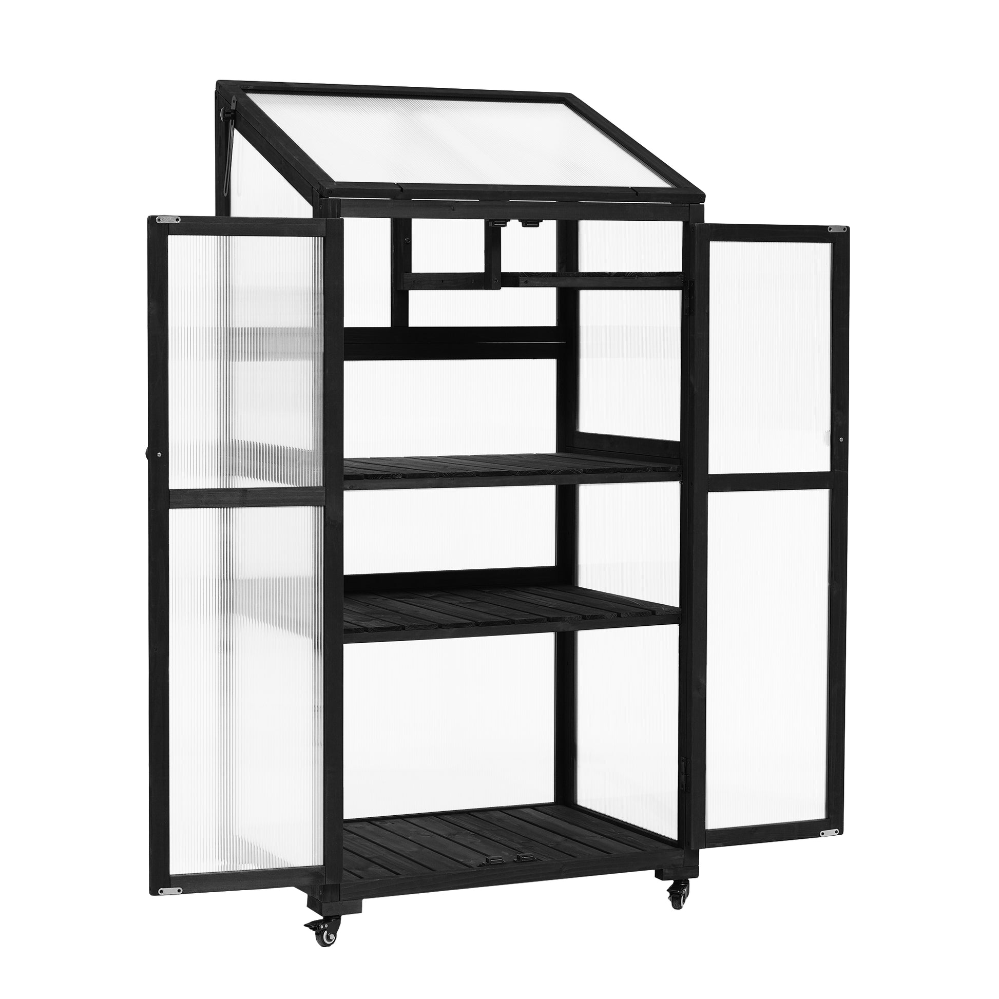 62Inch Height Wood Large Greenhouse Balcony Portable Cold Frame With Wheels And Adjustable Shelves For Outdoor Indoor Use, Black Black Garden & Outdoor Casual Wood Solid Wood