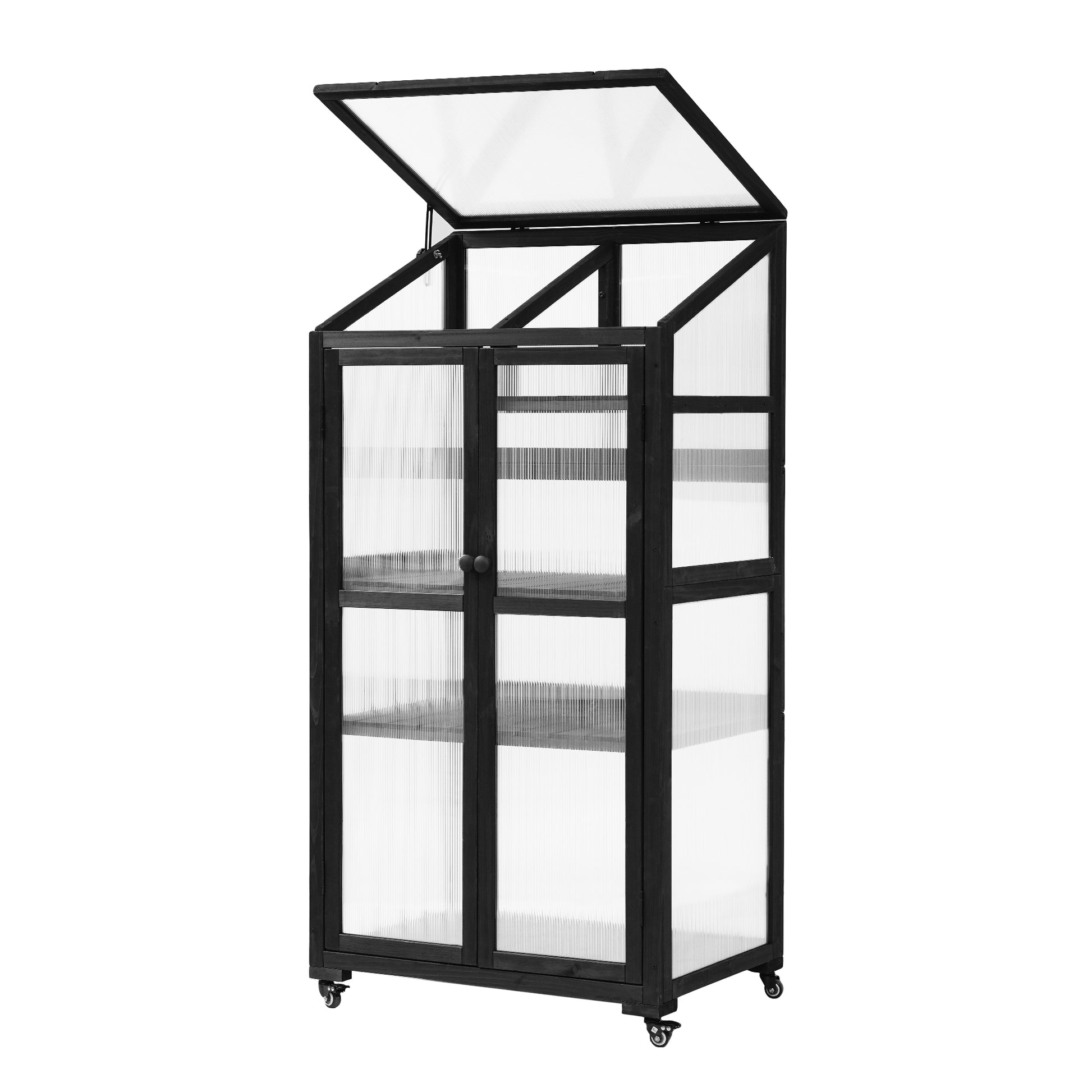 62Inch Height Wood Large Greenhouse Balcony Portable Cold Frame With Wheels And Adjustable Shelves For Outdoor Indoor Use, Black Black Garden & Outdoor Casual Wood Solid Wood