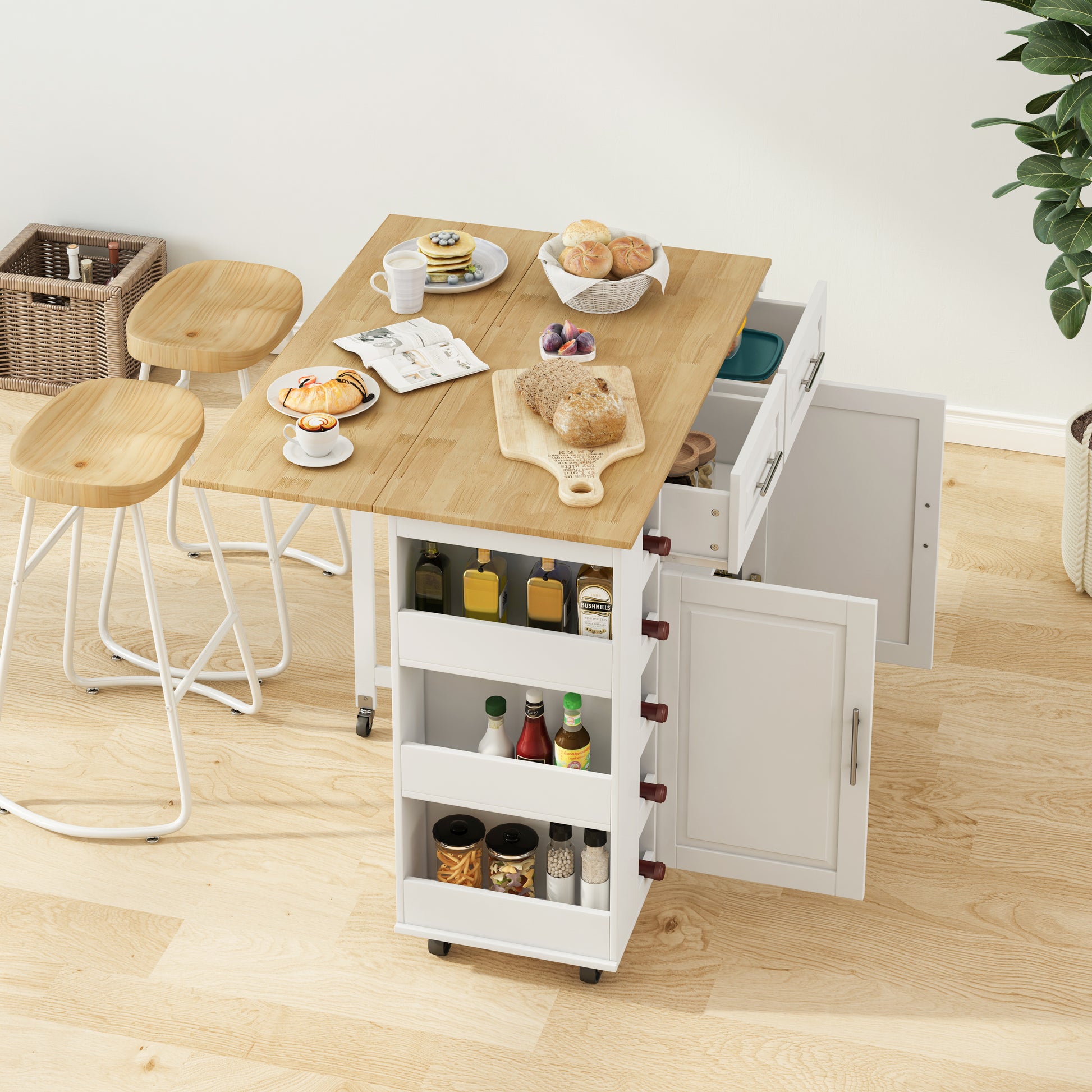 Multi Functional Kitchen Island Cart With 2 Door Cabinet And Two Drawers,Spice Rack, Towel Holder, Wine Rack, And Foldable Rubberwood Table Top White White Mdf