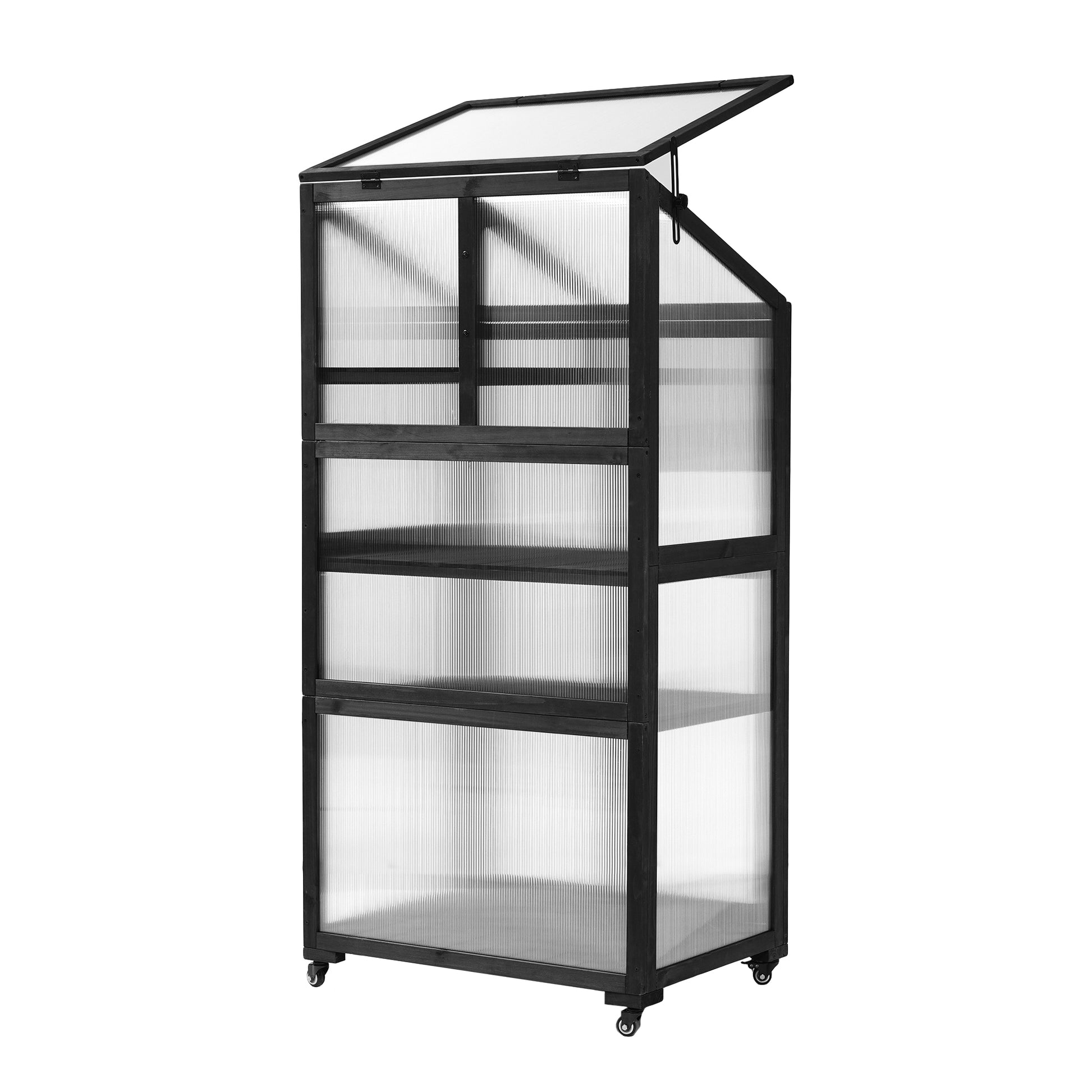 62Inch Height Wood Large Greenhouse Balcony Portable Cold Frame With Wheels And Adjustable Shelves For Outdoor Indoor Use, Black Black Garden & Outdoor Casual Wood Solid Wood