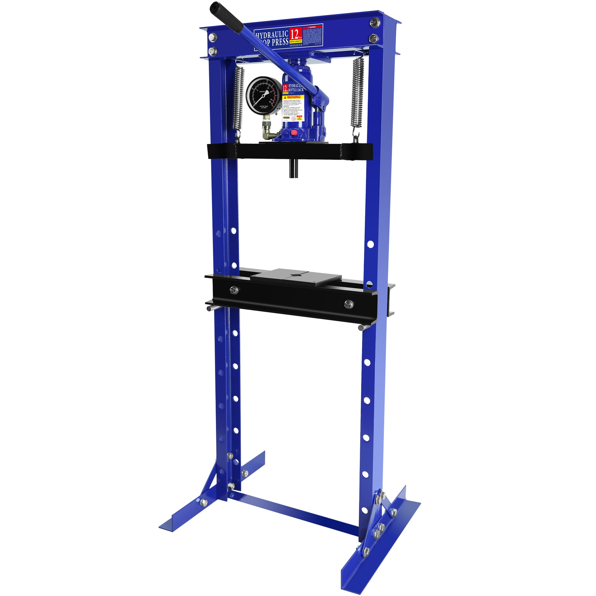 Steel H Frame Hydraulic Shop Press With Stamping Plates To Bend, Straighten, Or Press Parts, With A Pressure Gauge, Install Bearings And U Joints, 12 Ton 24,000 Lb Capacity Blue Steel