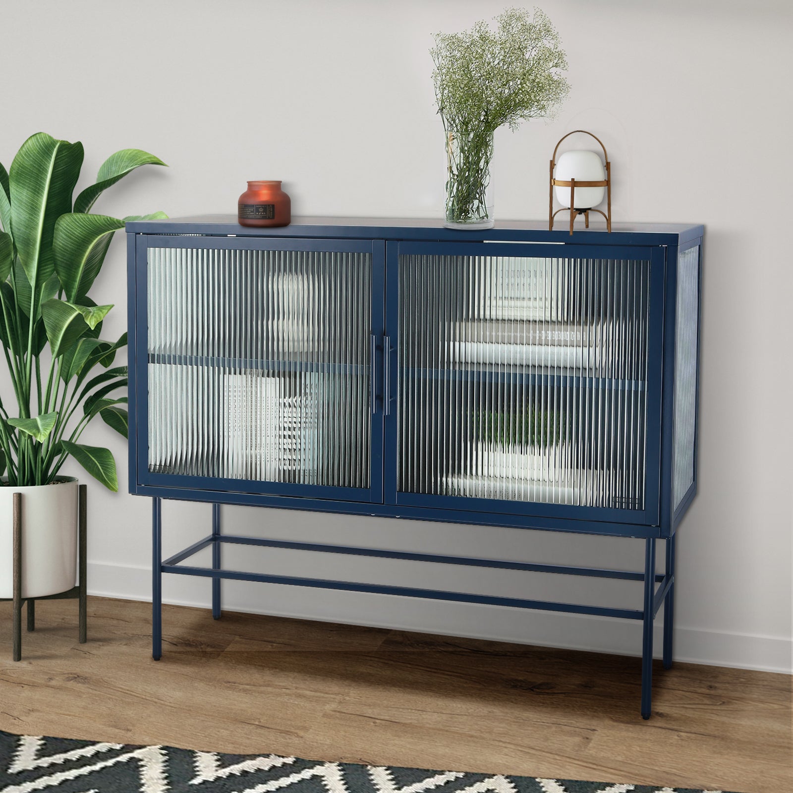 Double Door Tempered Glass Sideboard Console Table With 2 Fluted Glass Doors Adjustable Shelf And Feet Anti Tip Dust Free Kitchen Credenza Cabinet Blue Blue Tempered Glass Sheet Metal Plastic