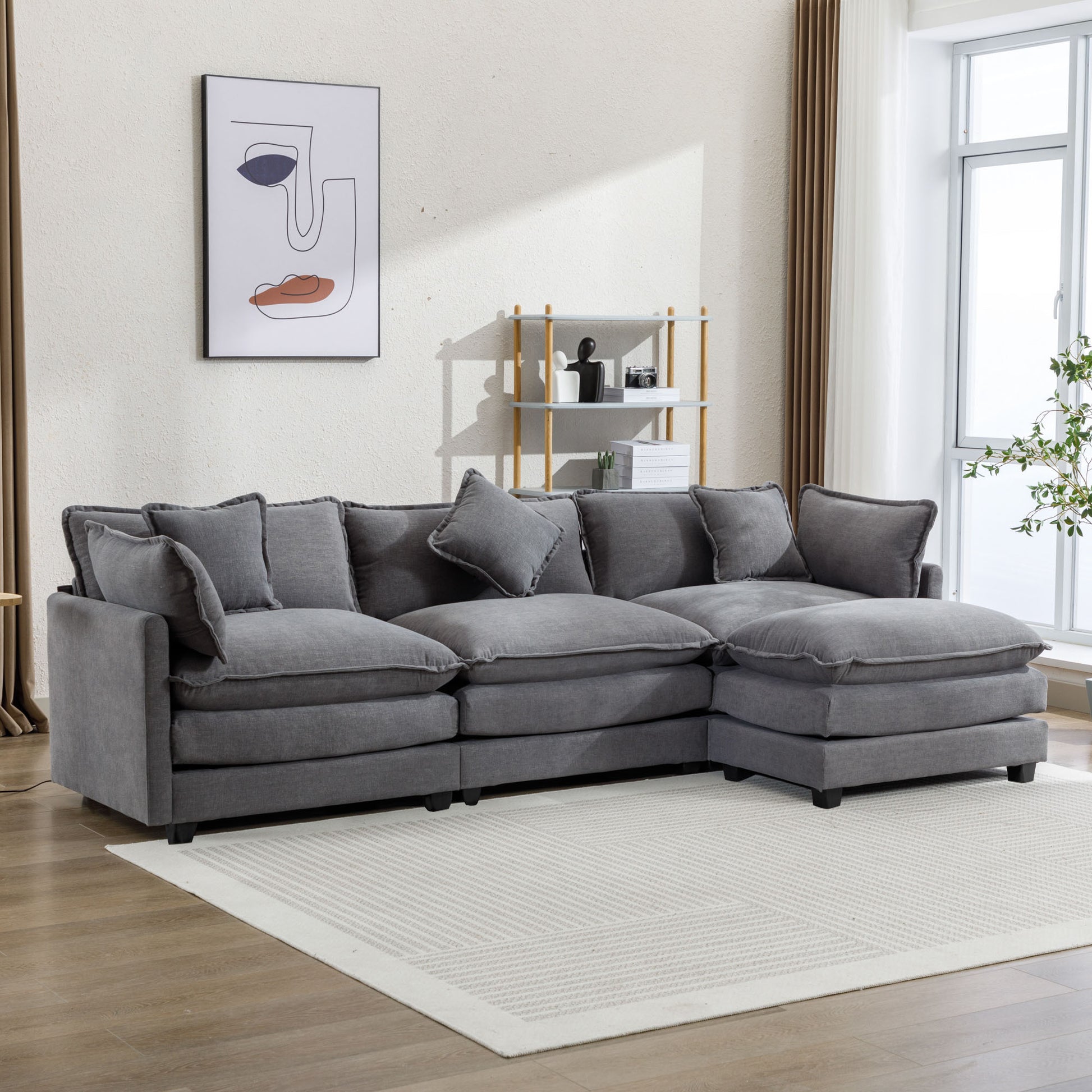 112.2" L Shape Chenille Upholstered Sofa For Living Room Modern Luxury Sofa Couch With Ottoman, 5 Pillows, Gray Gray Foam 4 Seat
