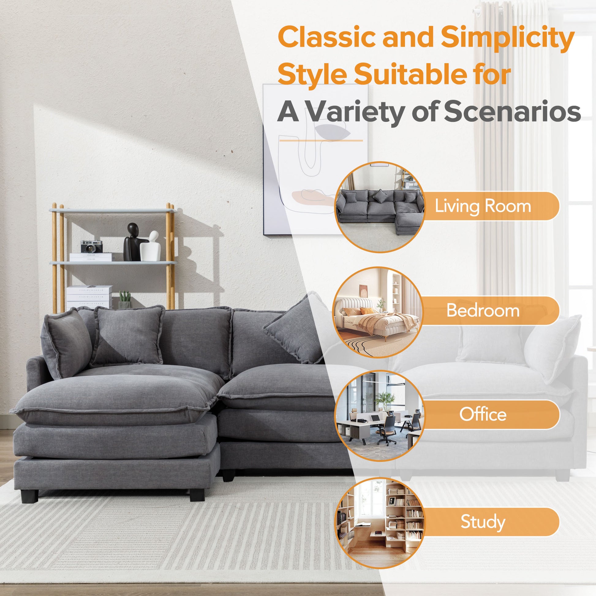 112.2" L Shape Chenille Upholstered Sofa For Living Room Modern Luxury Sofa Couch With Ottoman, 5 Pillows, Gray Gray Foam 4 Seat