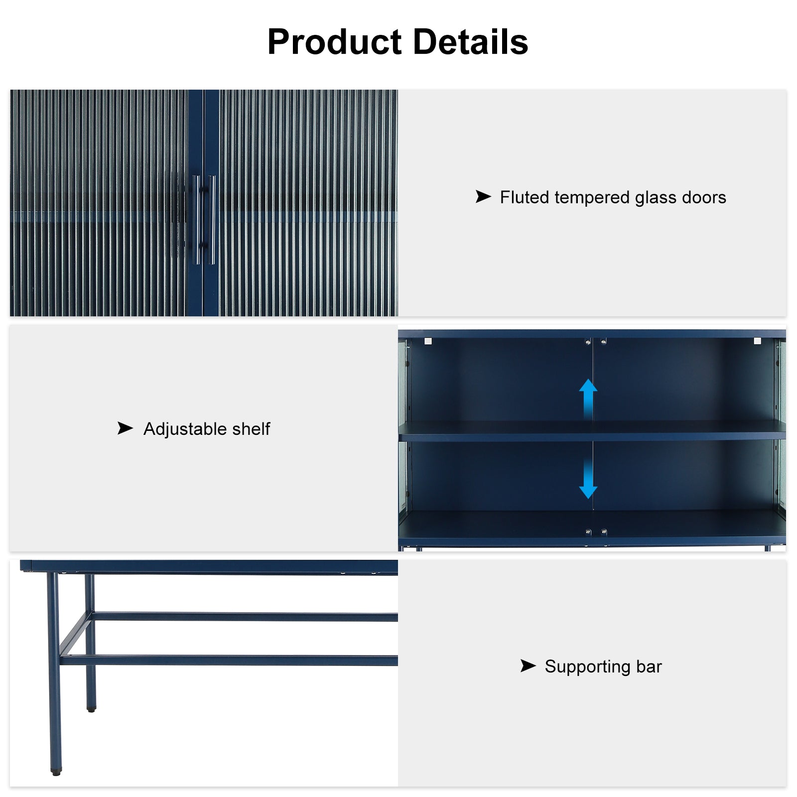 Double Door Tempered Glass Sideboard Console Table With 2 Fluted Glass Doors Adjustable Shelf And Feet Anti Tip Dust Free Kitchen Credenza Cabinet Blue Blue Tempered Glass Sheet Metal Plastic