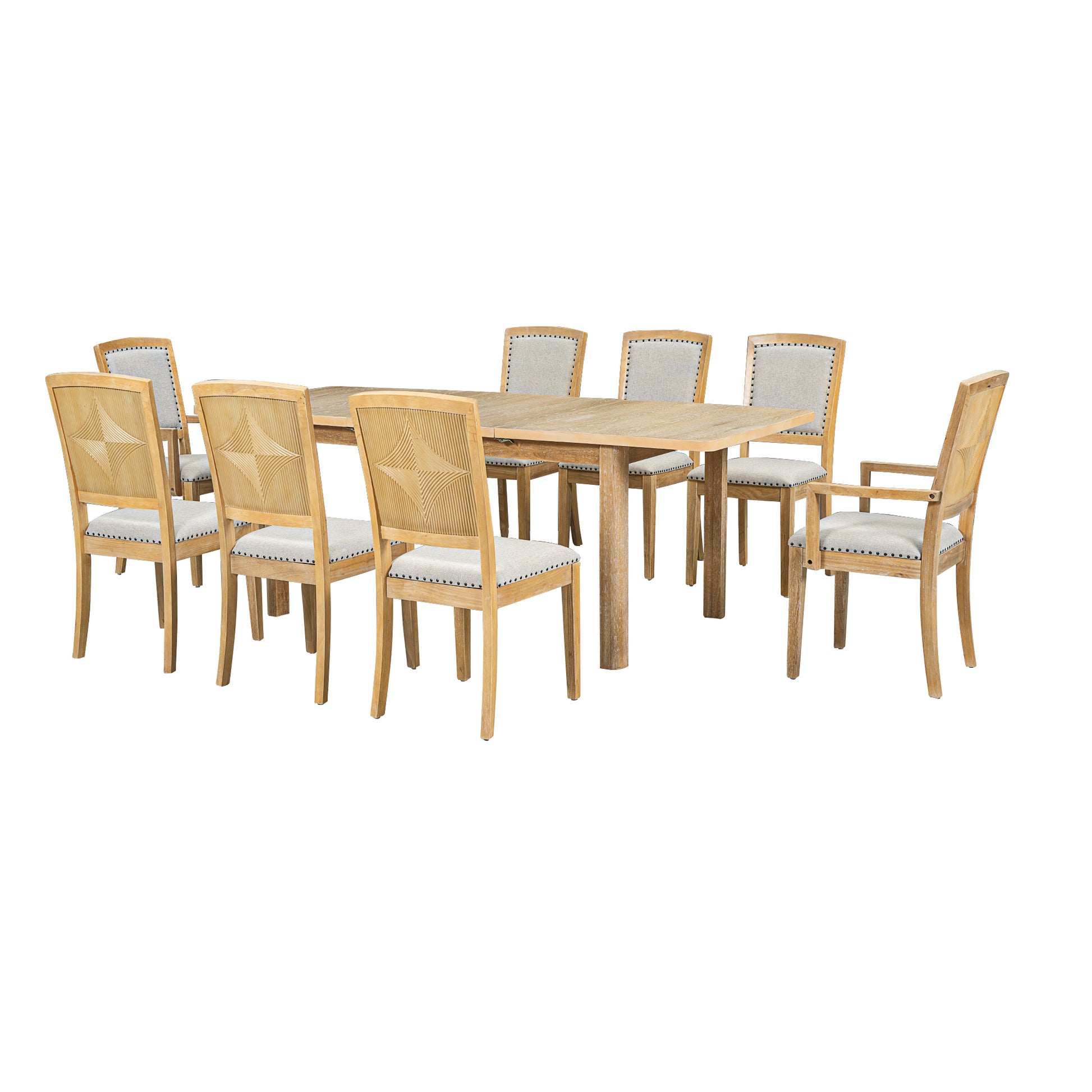 Rustic Extendable 84Inch Dining Table Set With 24Inch Removable Leaf6 Upholstered Armless Dining Chairs And 2 Padded Arm Chairs, 9 Pieces, Natural Wood Dining Room Extendable Rubberwood Rectangular Dining Table With Chair Upholstered Chair Wood Natural