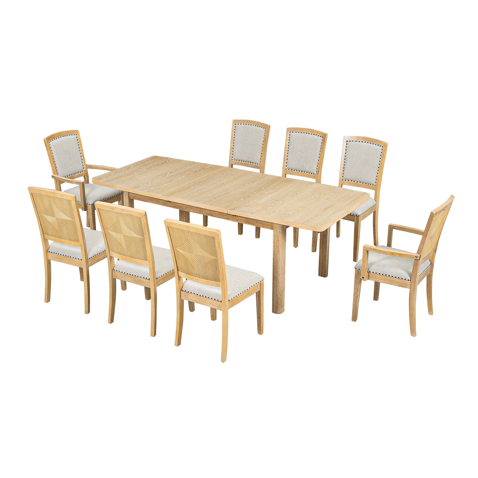 Rustic Extendable 84Inch Dining Table Set With 24Inch Removable Leaf6 Upholstered Armless Dining Chairs And 2 Padded Arm Chairs, 9 Pieces, Natural Wood Dining Room Extendable Rubberwood Rectangular Dining Table With Chair Upholstered Chair Wood Natural