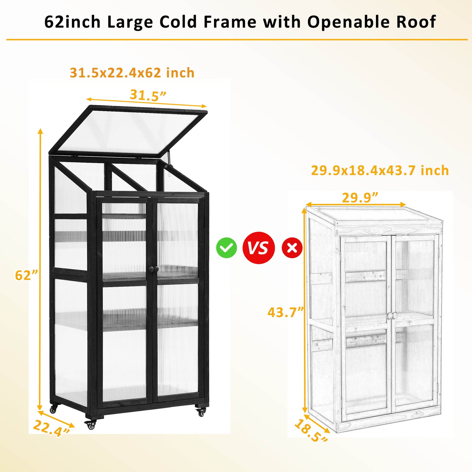 62Inch Height Wood Large Greenhouse Balcony Portable Cold Frame With Wheels And Adjustable Shelves For Outdoor Indoor Use, Black Black Garden & Outdoor Casual Wood Solid Wood
