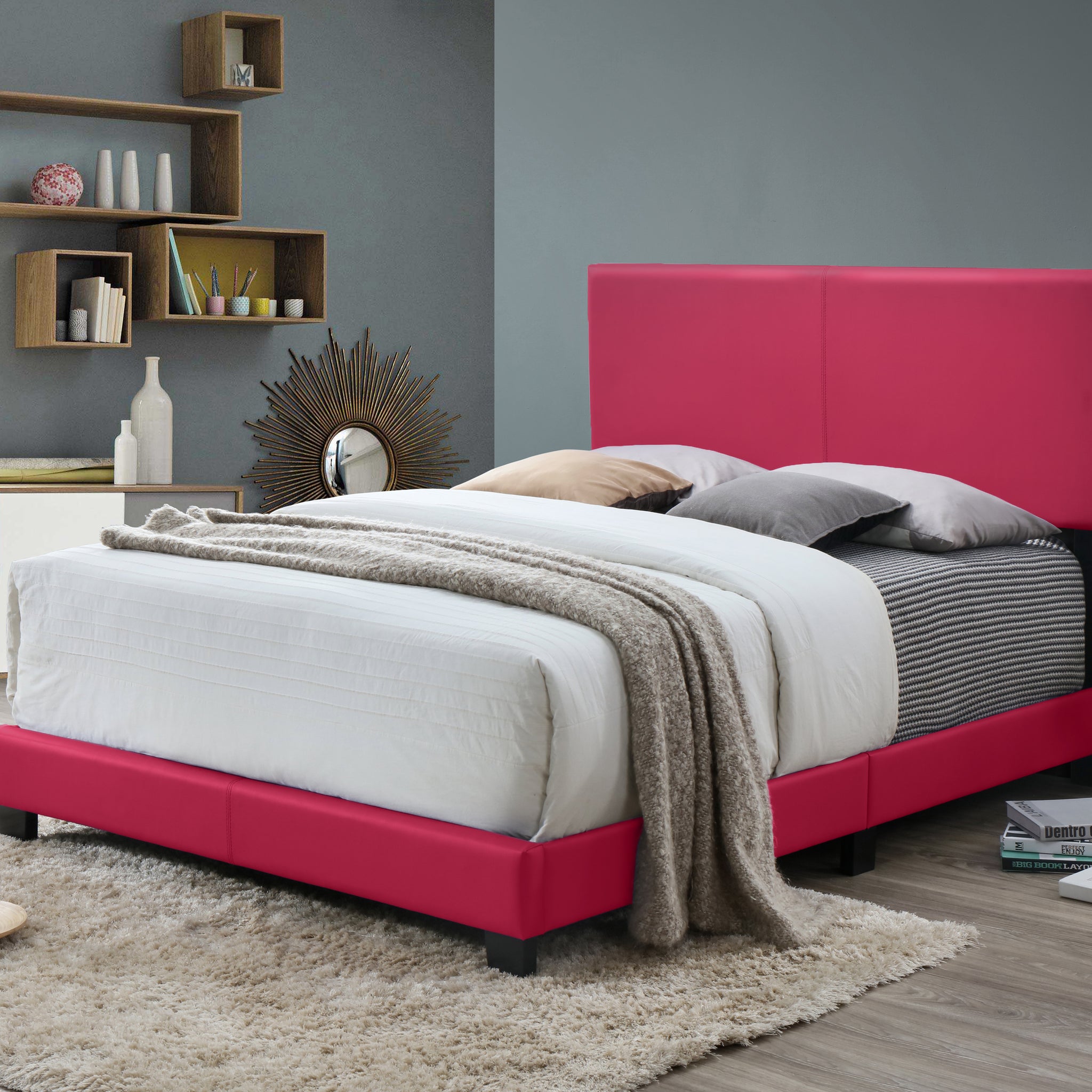 1Pc Modern Beautiful Pink Full Size Bedroom Platform Bed Frame Pu Fabric Pink Solid Wood