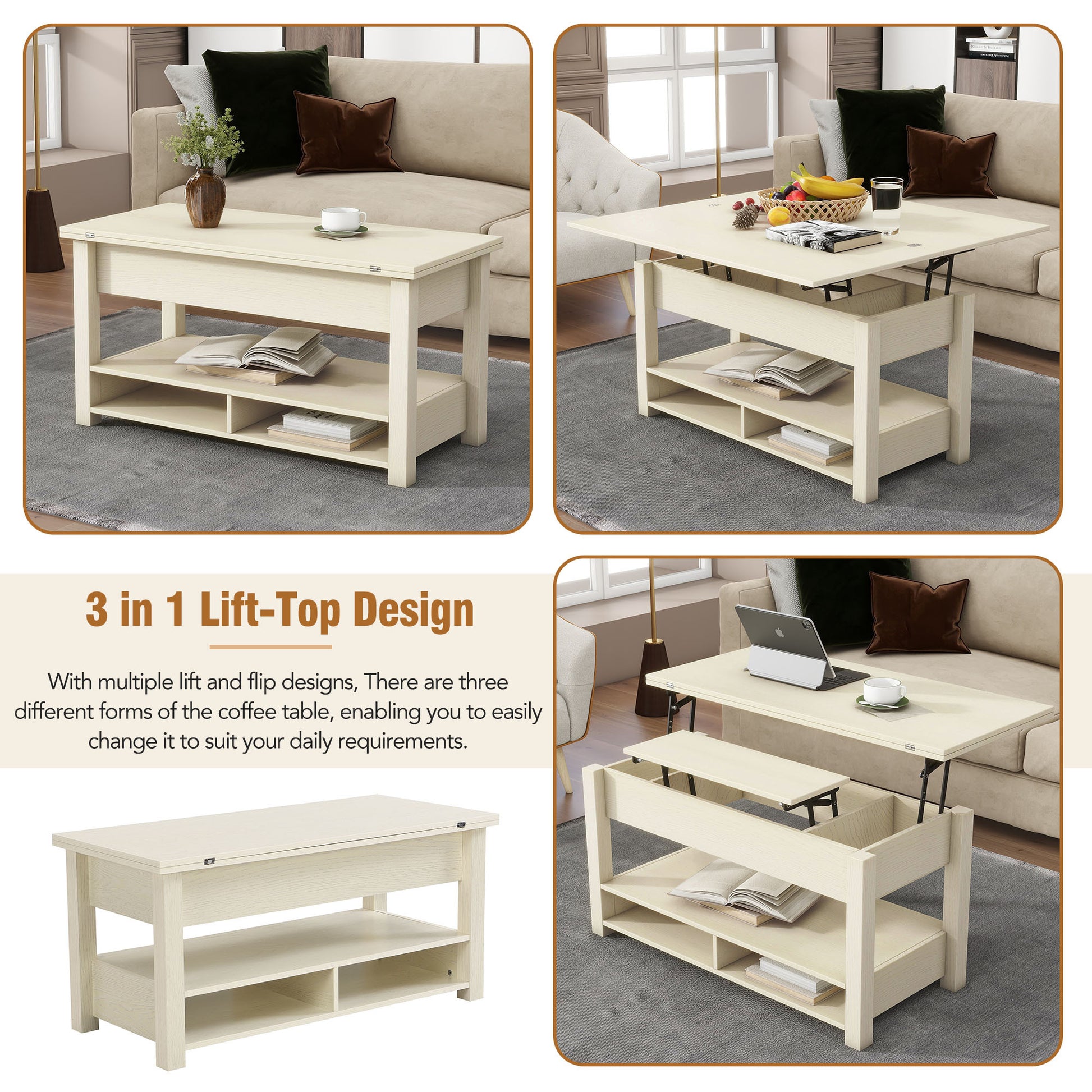 Lift Top Coffee Table, Multi Functional Coffee Table With Open Shelves, Modern Lift Tabletop Dining Table For Living Room, Home Office, Rustic Ivory Ivory Primary Living Space Particle Board