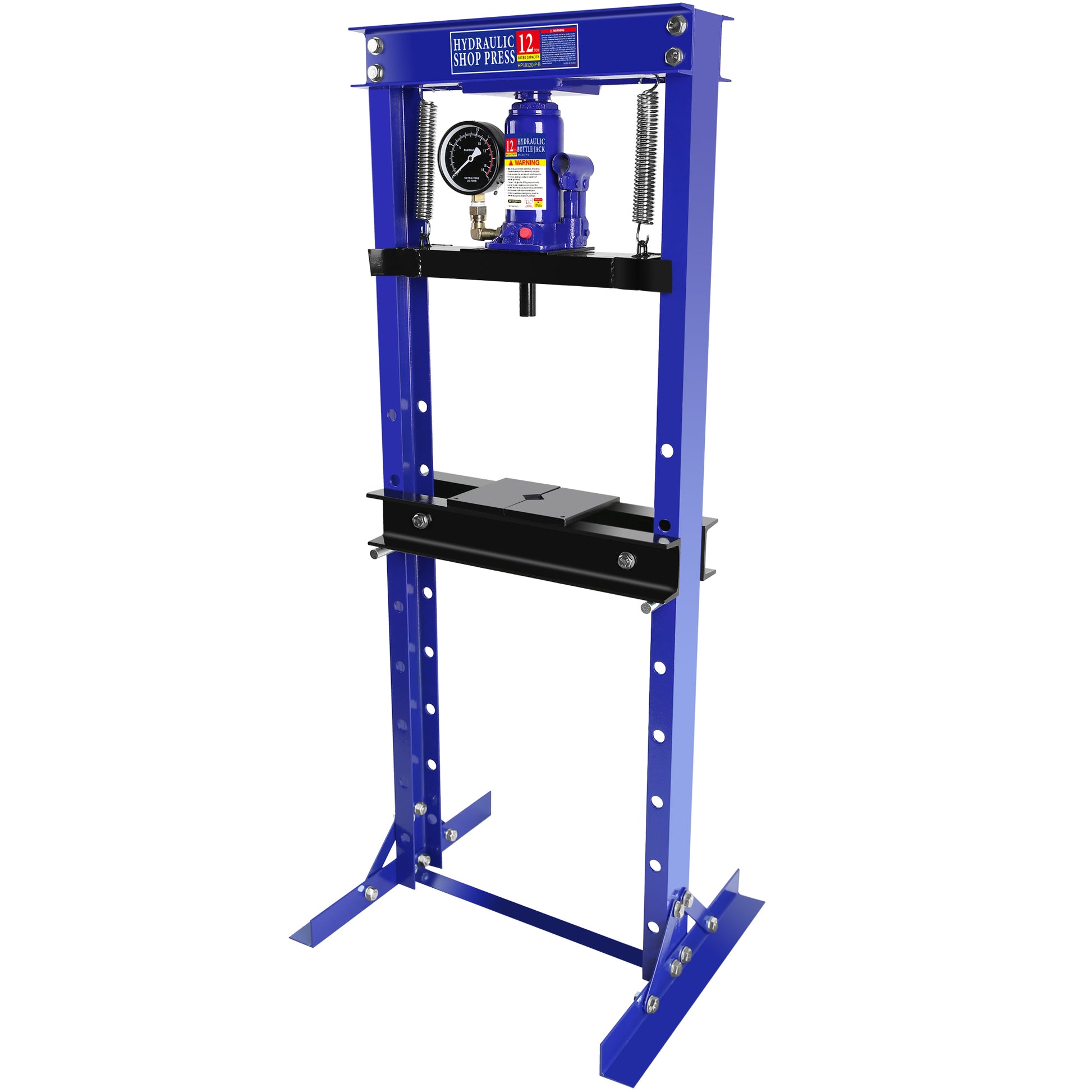 Steel H Frame Hydraulic Shop Press With Stamping Plates To Bend, Straighten, Or Press Parts, With A Pressure Gauge, Install Bearings And U Joints, 12 Ton 24,000 Lb Capacity Blue Steel