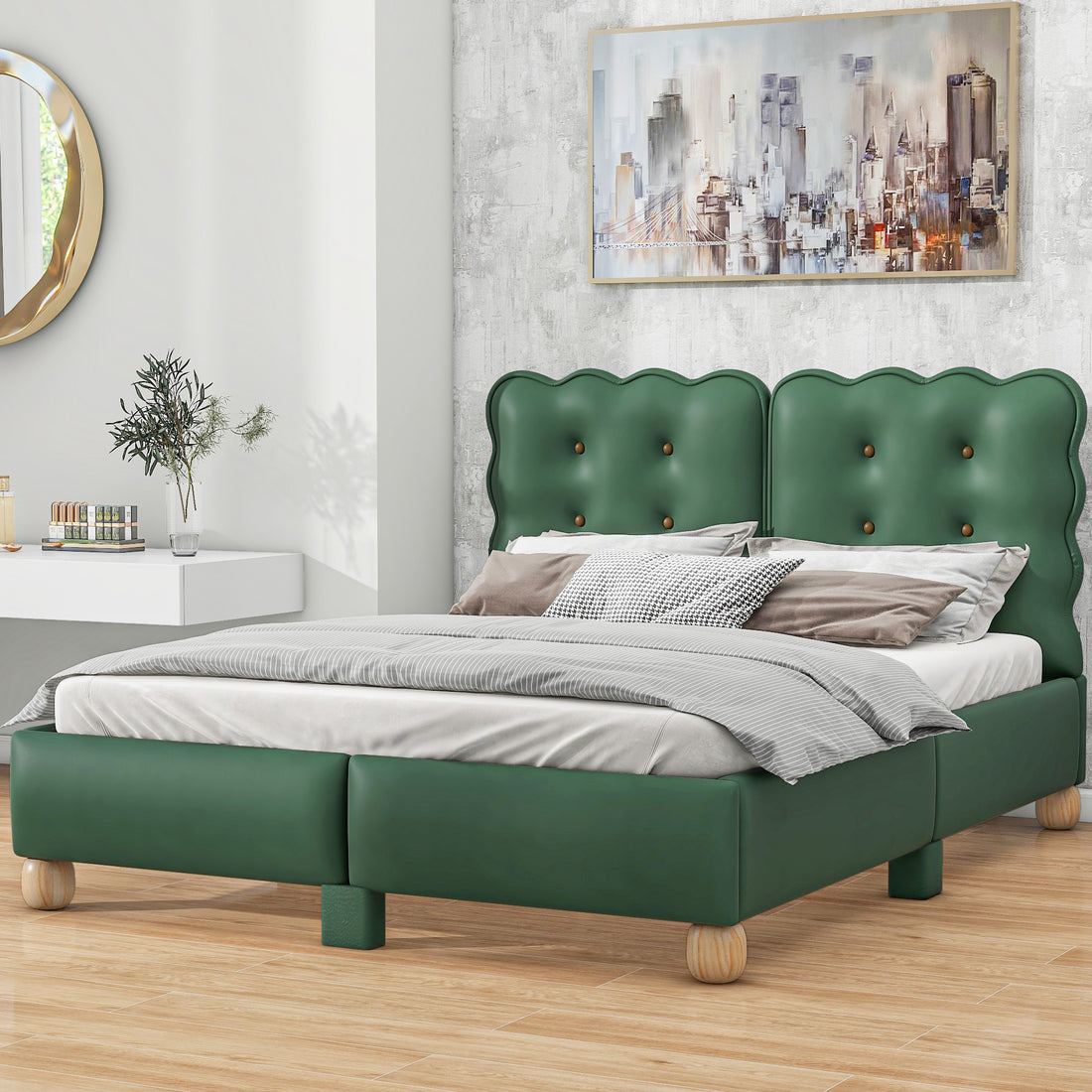 Full Size Upholstered Platform Bed With Support Legs,Green Green Upholstered