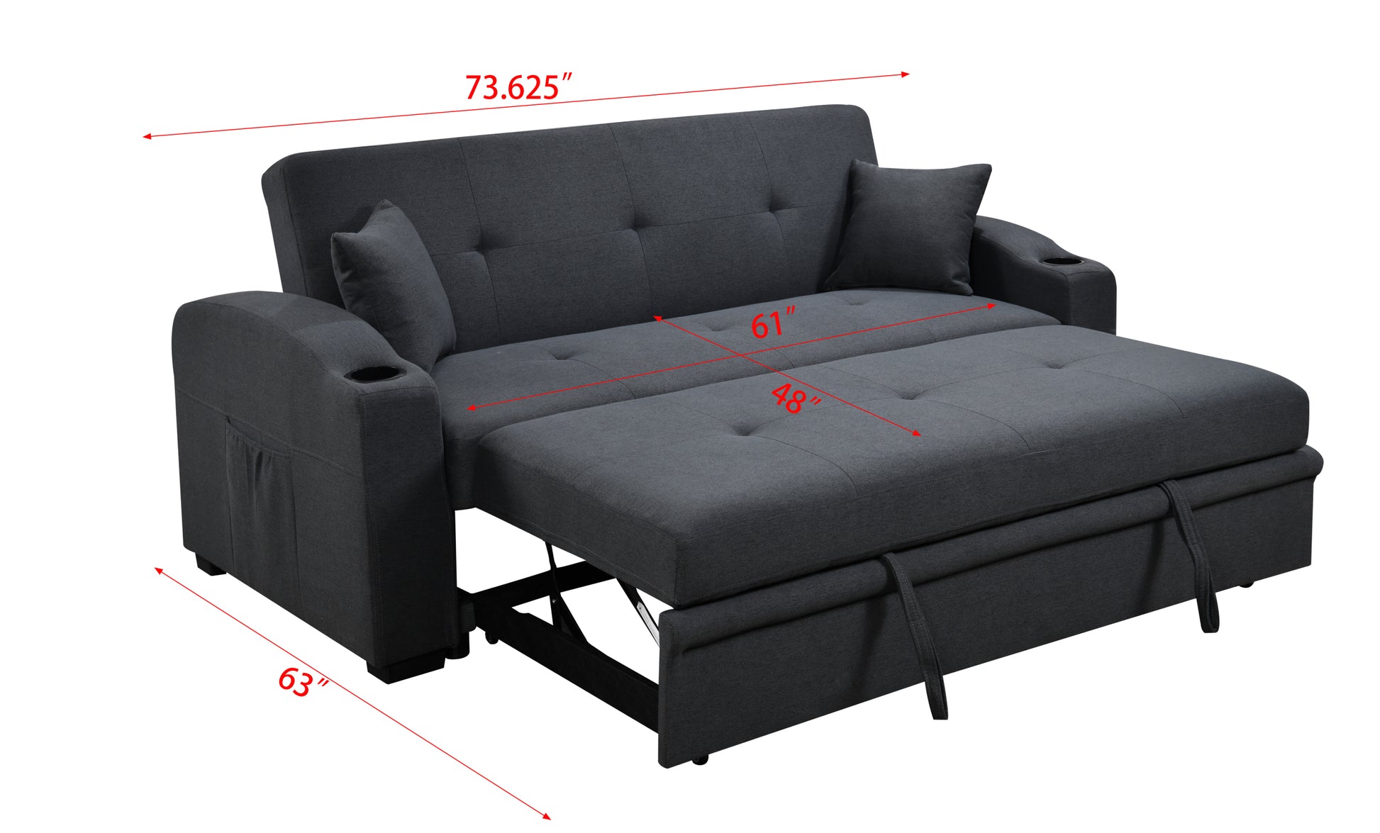 75 Inch 3 In 1 Convertible Modern Sofa With Convenient Pull Out Bed,Reclining Backrest, Cup Holders,Pillows And Pockets, Futon Couches For Living Room Apartment Office,Dark Blue Light Brown Wood Primary Living Space Heavy Duty Eucalyptus 3 Seat Dark Blue