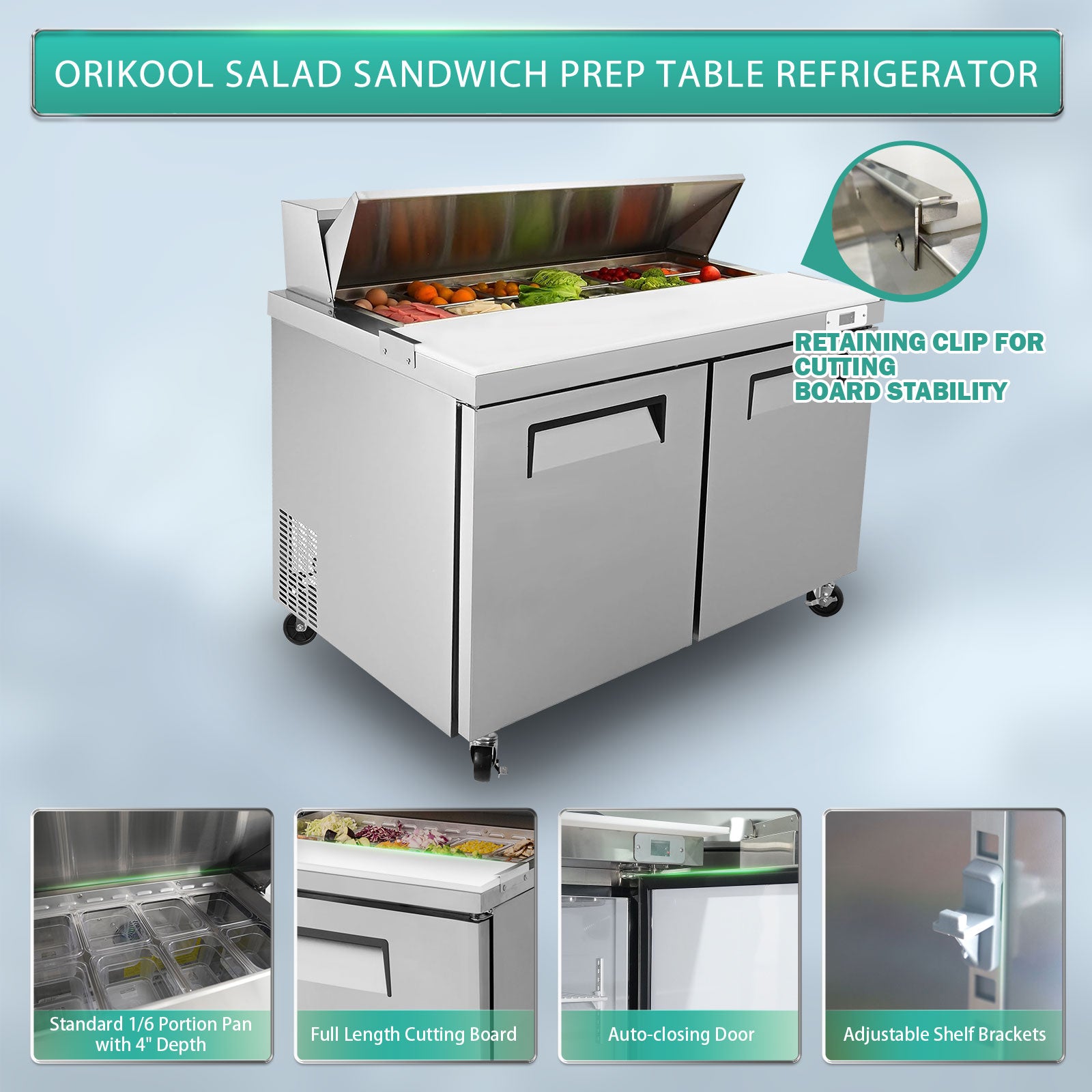 Orikool 48 In Commercial Refrigerators Sandwich&Salad Prep Table With A Butcher Block Cutting Board, Protection Lid, Cold Storage, Etl Certified Silver Stainless Steel
