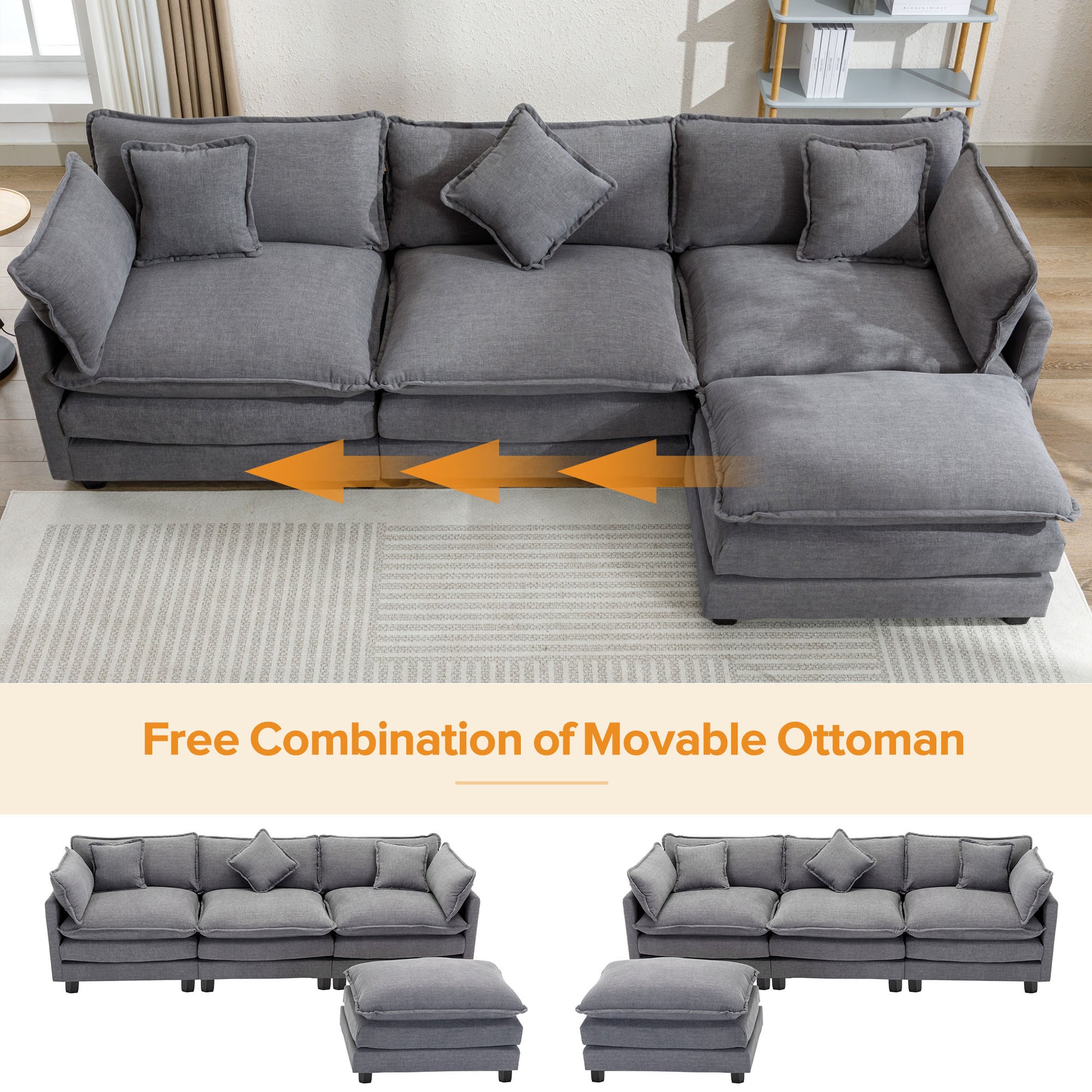 112.2" L Shape Chenille Upholstered Sofa For Living Room Modern Luxury Sofa Couch With Ottoman, 5 Pillows, Gray Gray Foam 4 Seat