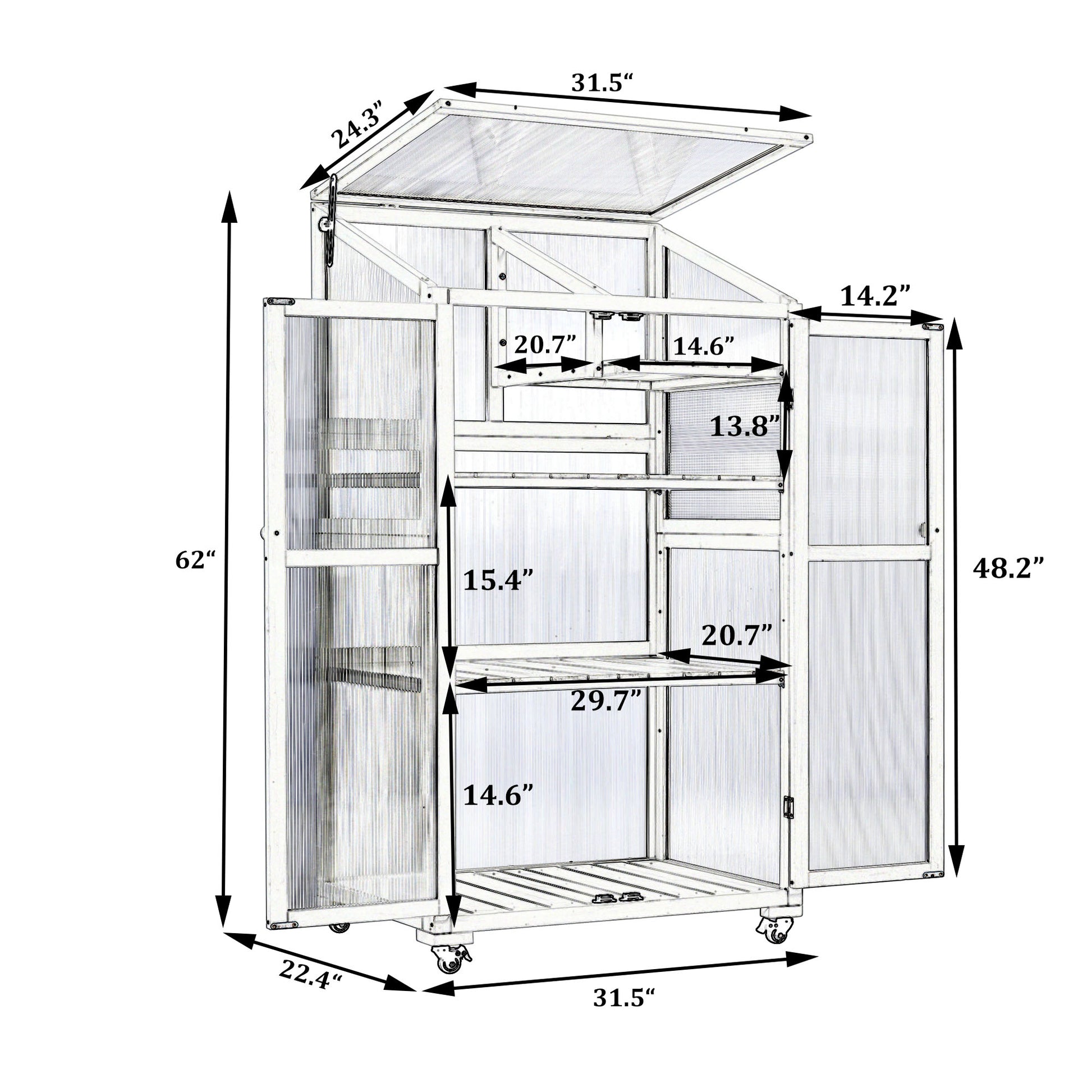 62Inch Height Wood Large Greenhouse Balcony Portable Cold Frame With Wheels And Adjustable Shelves For Outdoor Indoor Use, Black Black Garden & Outdoor Casual Wood Solid Wood