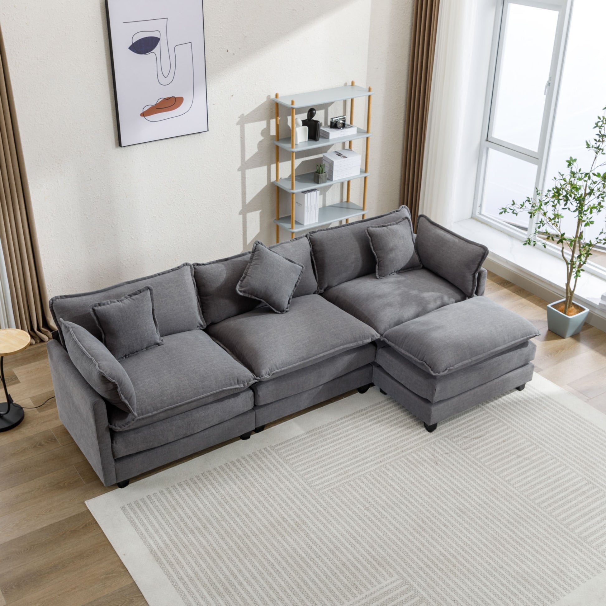 112.2" L Shape Chenille Upholstered Sofa For Living Room Modern Luxury Sofa Couch With Ottoman, 5 Pillows, Gray Gray Foam 4 Seat