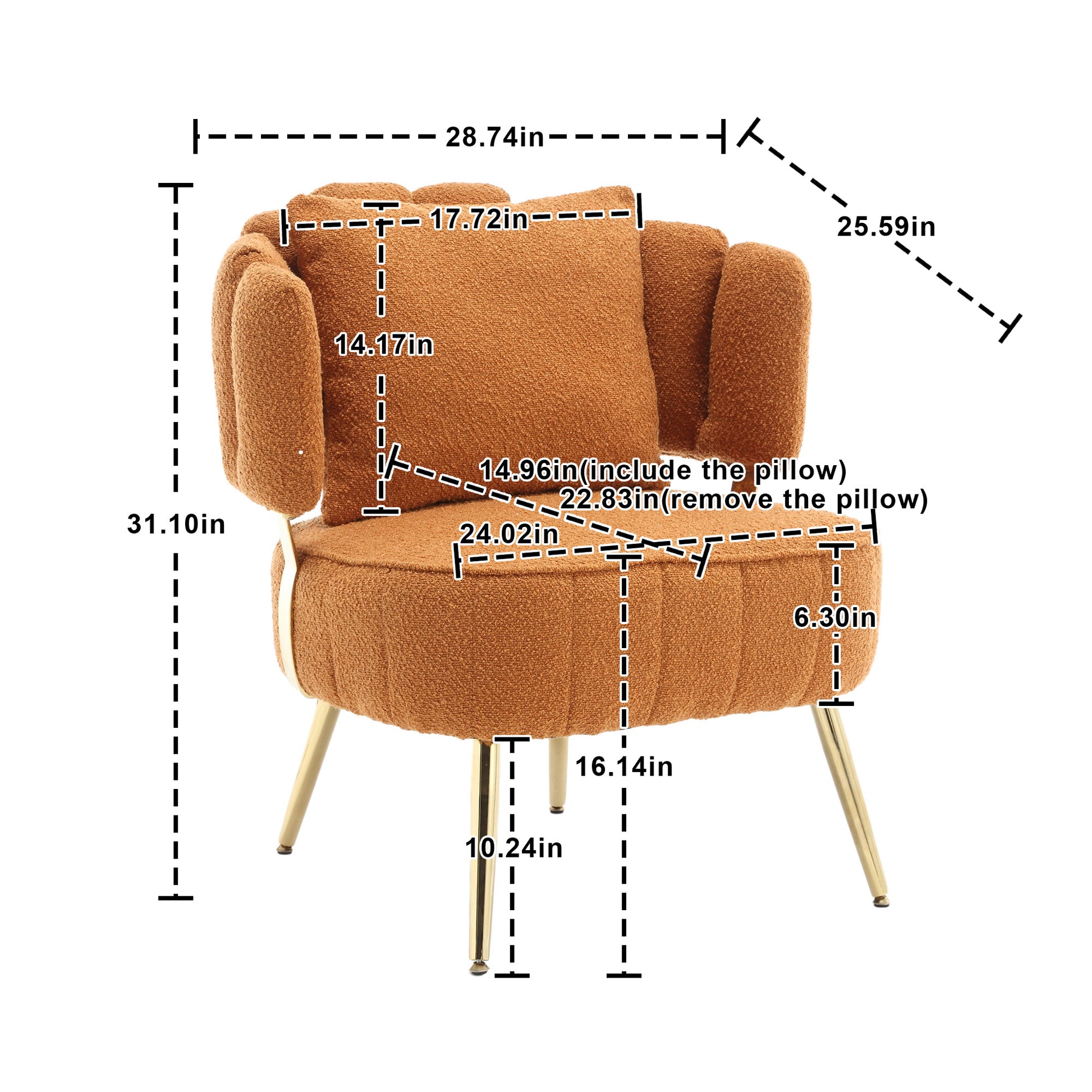 Coolmore Boucle Accent Chair Modern Upholstered Armchair Tufted Chair With Metal Frame, Single Leisure Chairs For Living Room Bedroom Orange Boucle