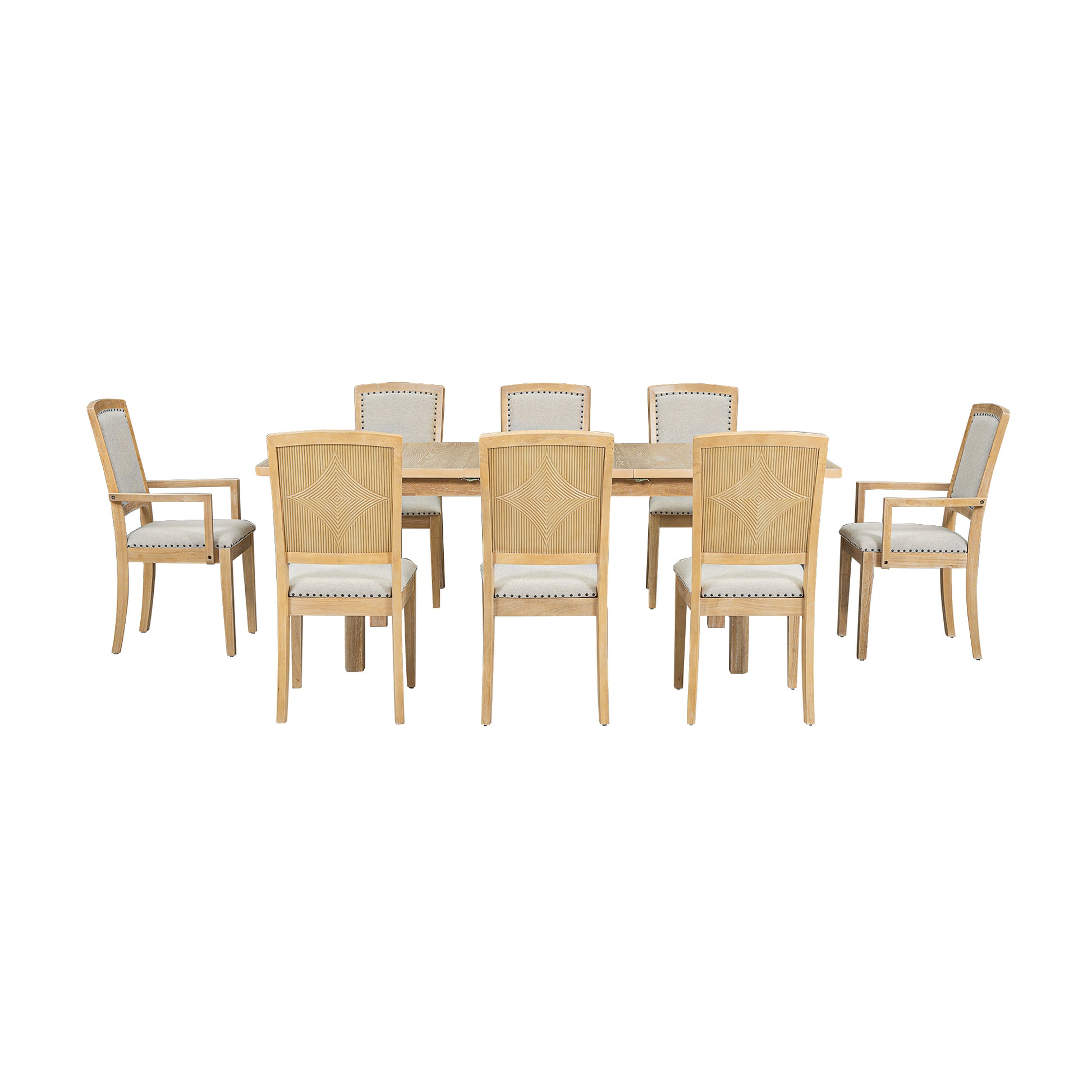 Rustic Extendable 84Inch Dining Table Set With 24Inch Removable Leaf6 Upholstered Armless Dining Chairs And 2 Padded Arm Chairs, 9 Pieces, Natural Wood Dining Room Extendable Rubberwood Rectangular Dining Table With Chair Upholstered Chair Wood Natural