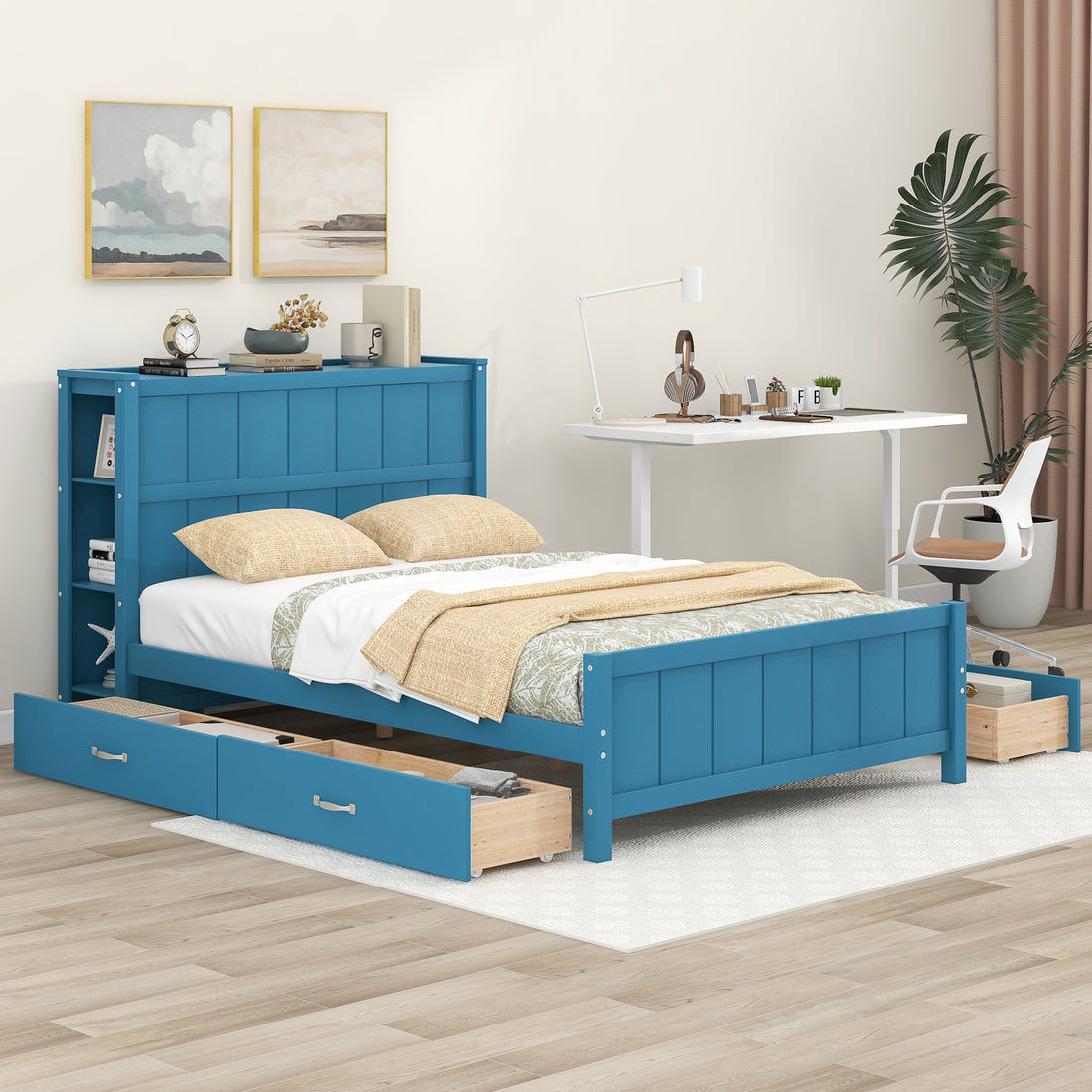 Full Size Platform Bed With Drawers And Storage Shelves, Blue Blue Solid Wood Mdf