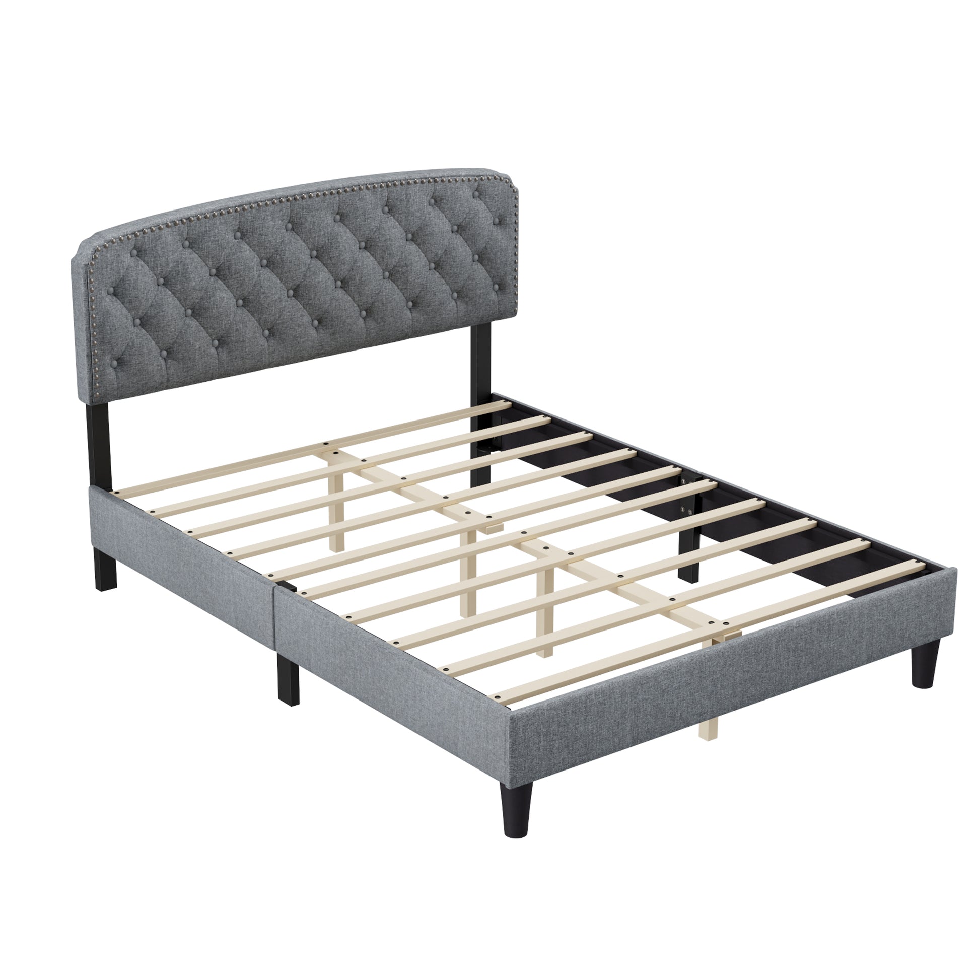 Queen Size Adjustable Headboard With Fine Linen Upholstery And Button Tufting For Bedroom, Wave Top Light Grey Light Grey Wood