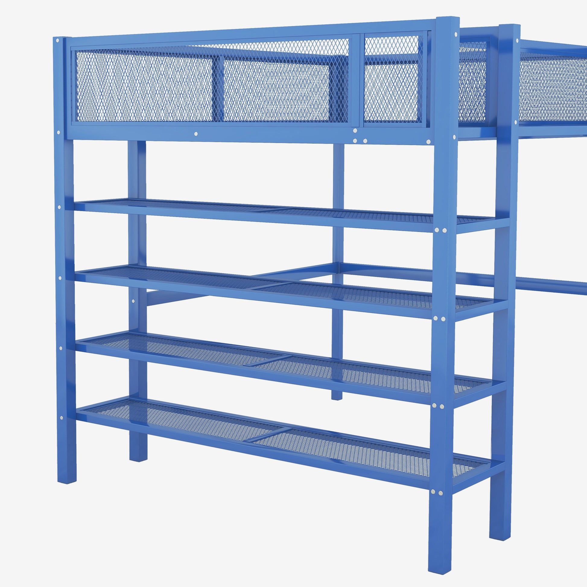 Full Size Metal Loft Bed With 4 Tier Shelves And Storage, Blue Full Blue Metal