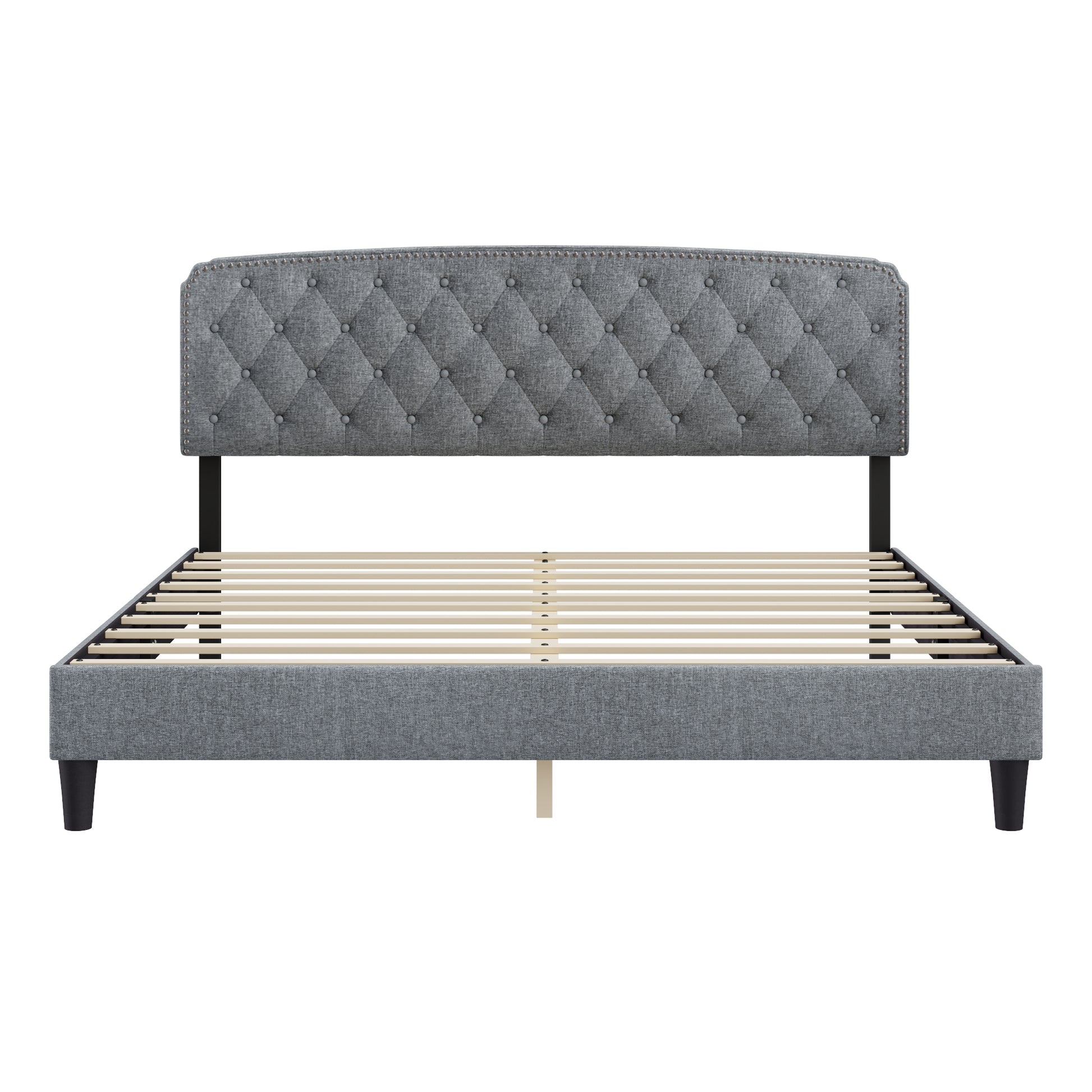 King Size Adjustable Headboard With Fine Linen Upholstery And Button Tufting For Bedroom, Wave Top Light Grey Light Grey Wood