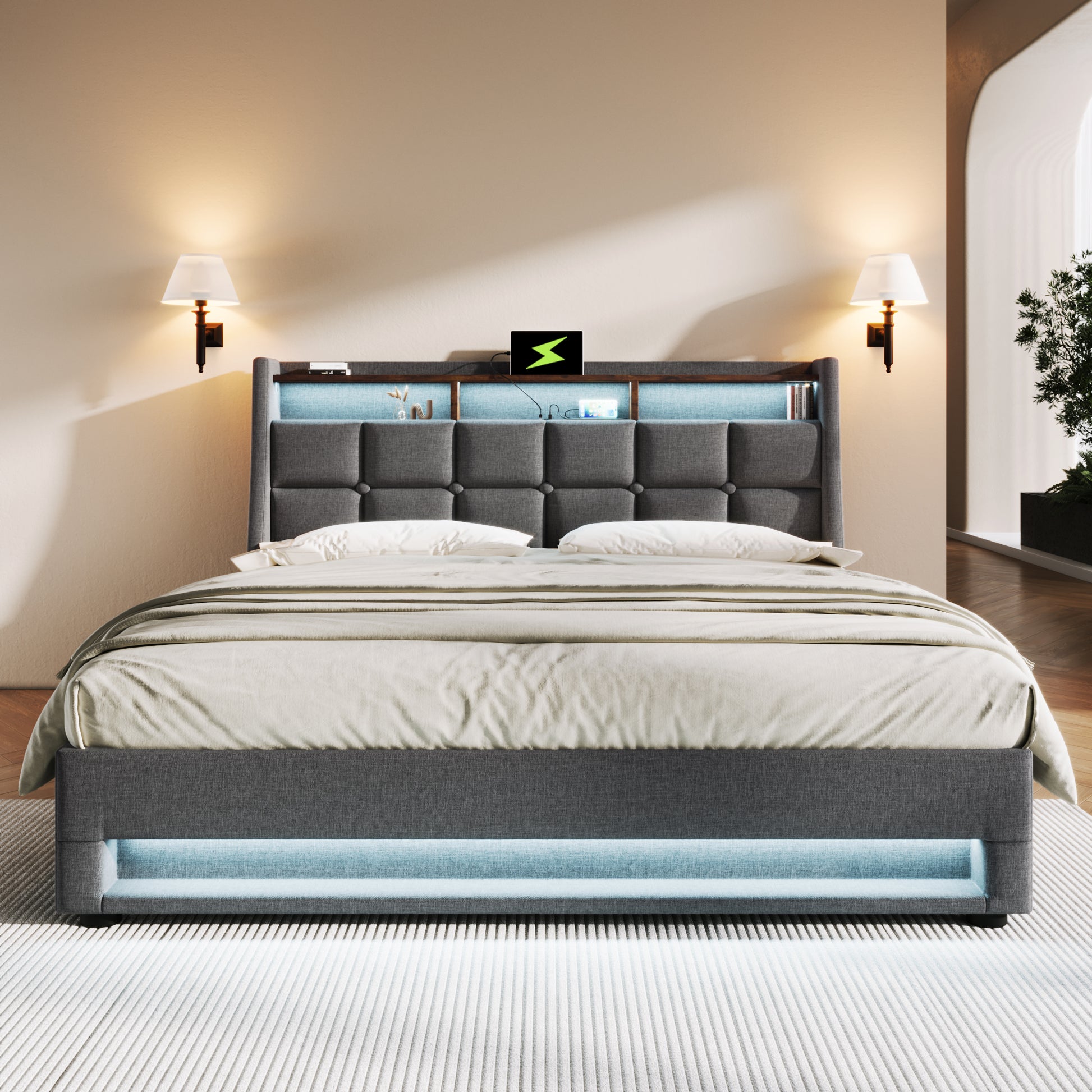 Queen Size Upholstered Platform Bed With A Hydraulic Storage System, Led And Usb Charging, Grey Without Mattress Queen Grey Metal & Wood