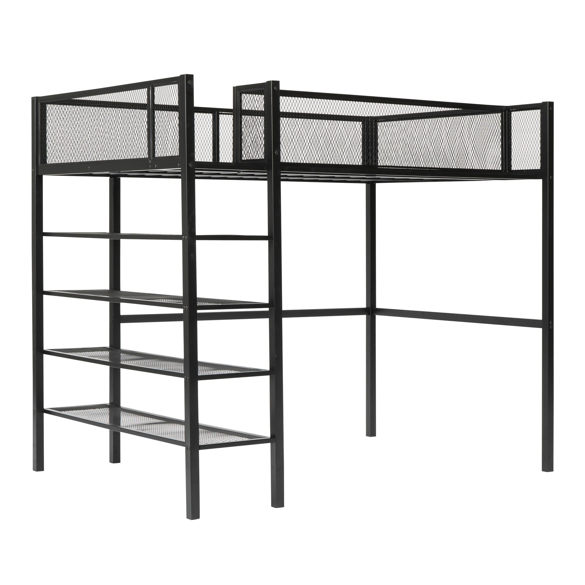 Twin Size Metal Loft Bed With 4 Tier Shelves And Storage, Black Black Metal