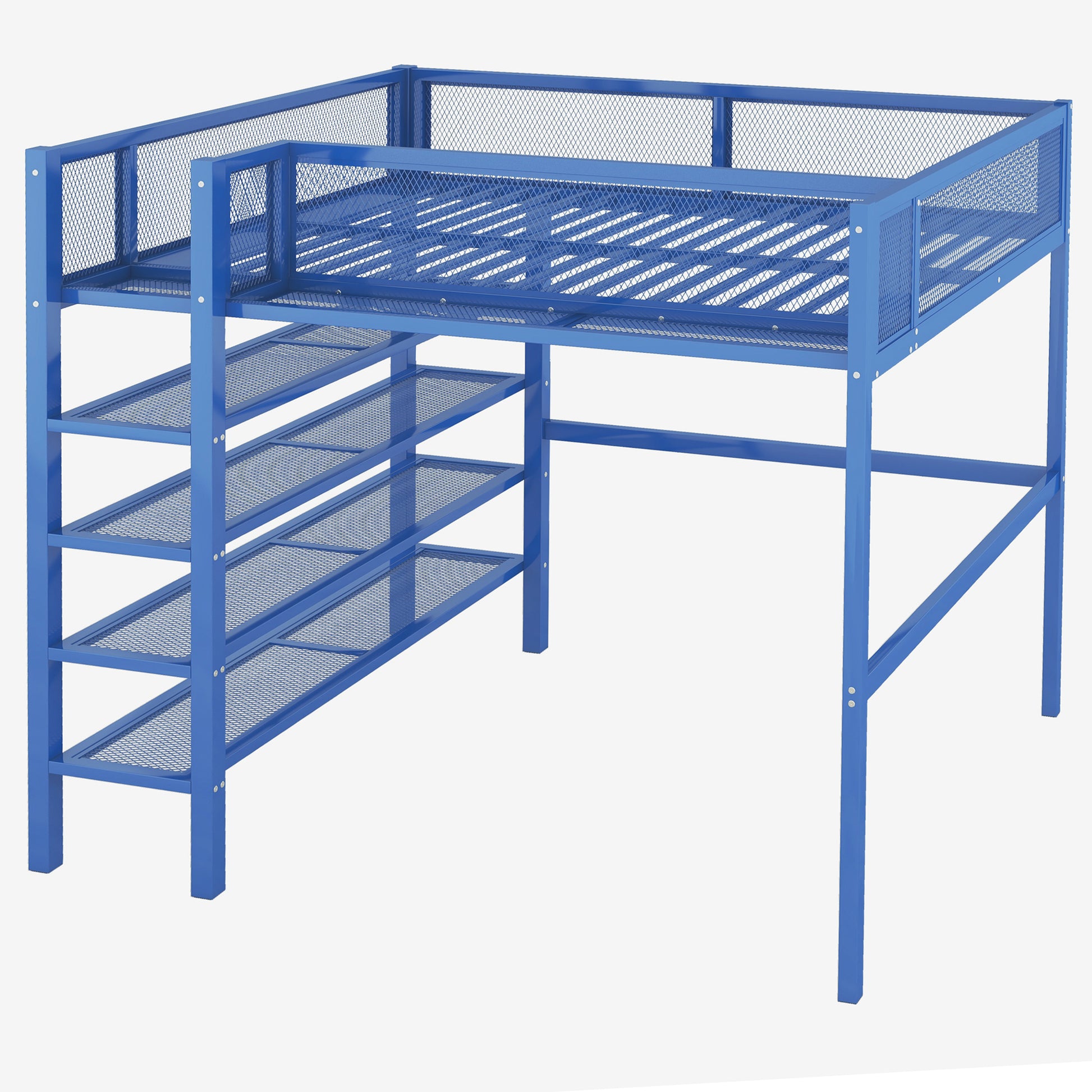 Full Size Metal Loft Bed With 4 Tier Shelves And Storage, Blue Full Blue Metal
