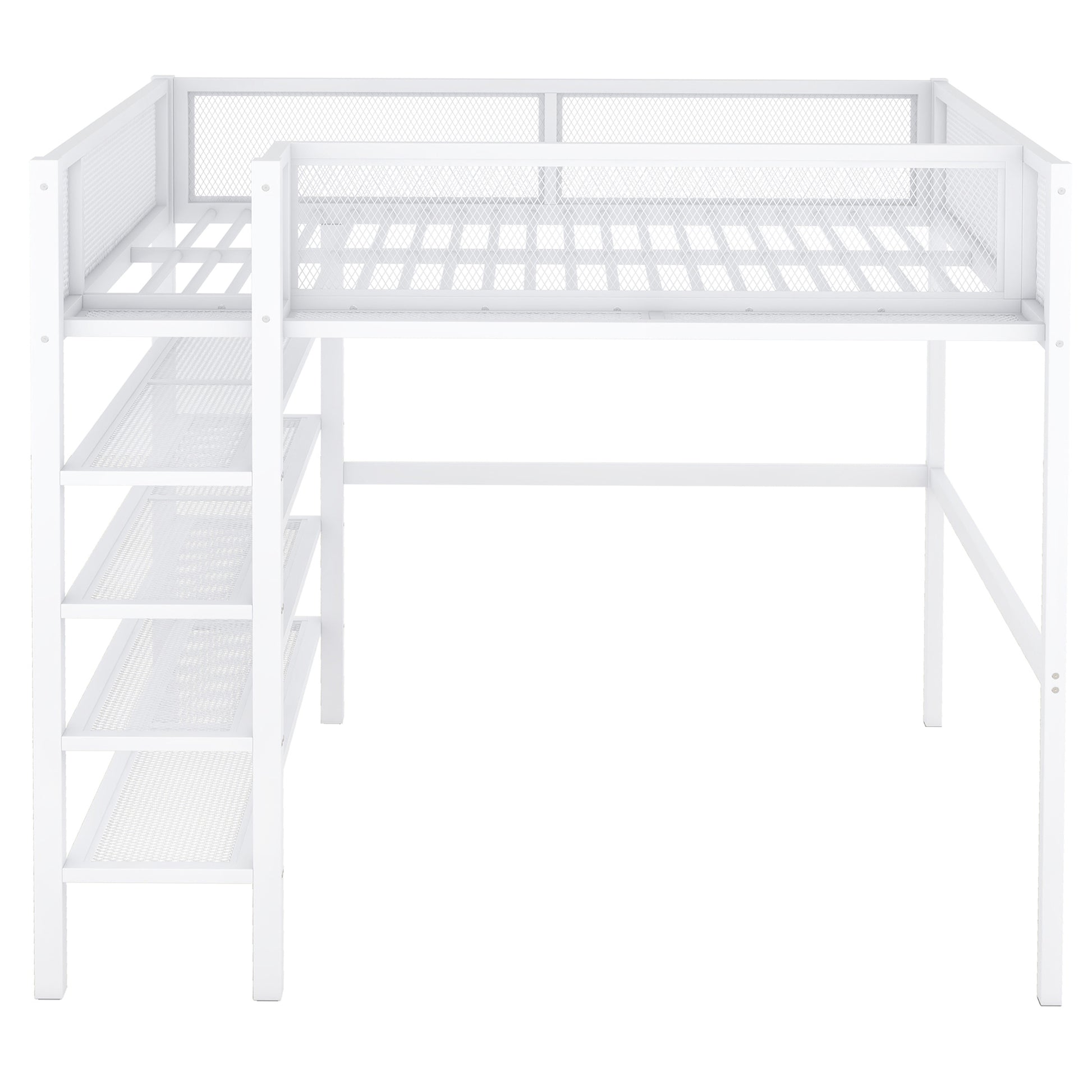 Full Size Metal Loft Bed With 4 Tier Shelves And Storage, White Full White Metal