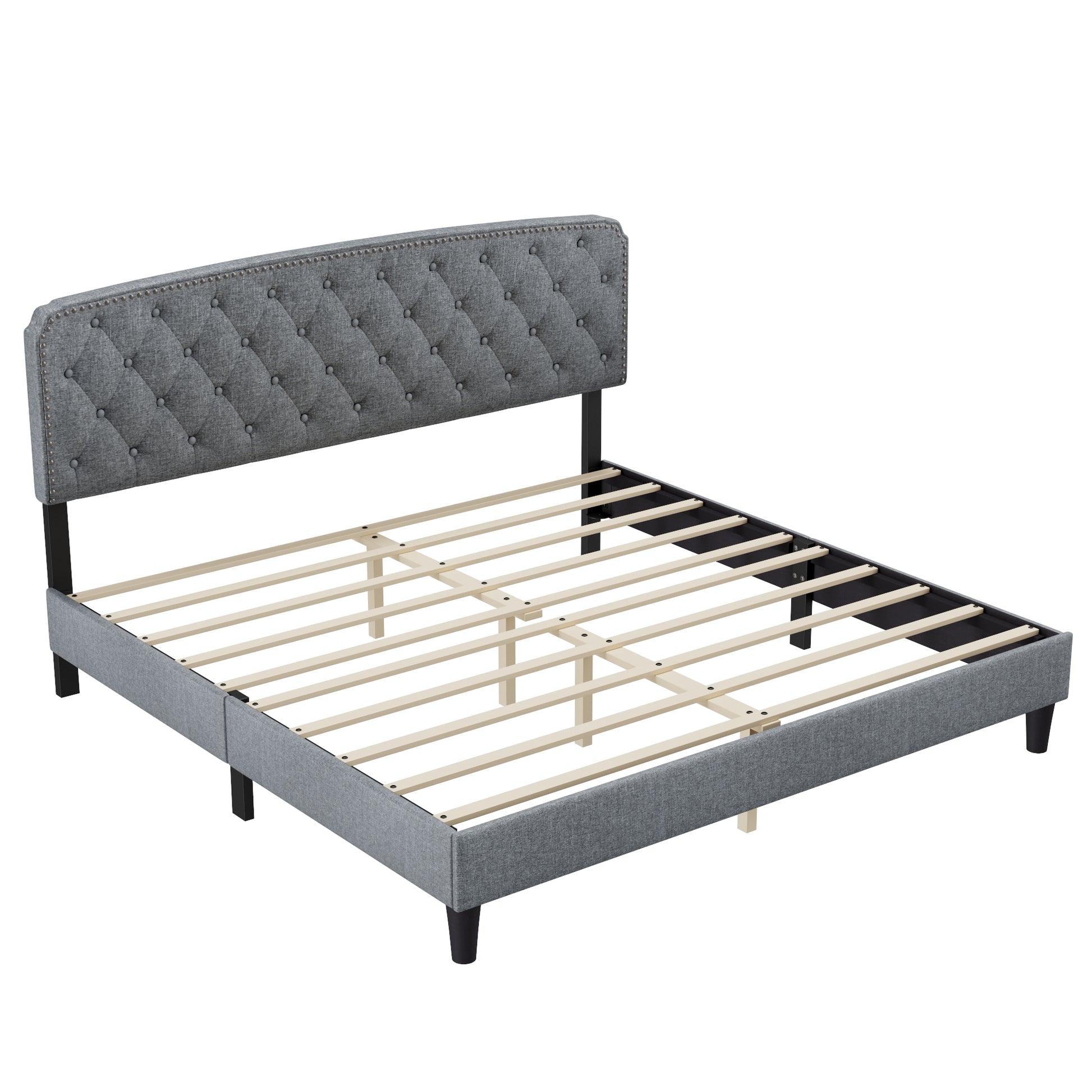 King Size Adjustable Headboard With Fine Linen Upholstery And Button Tufting For Bedroom, Wave Top Light Grey Light Grey Wood