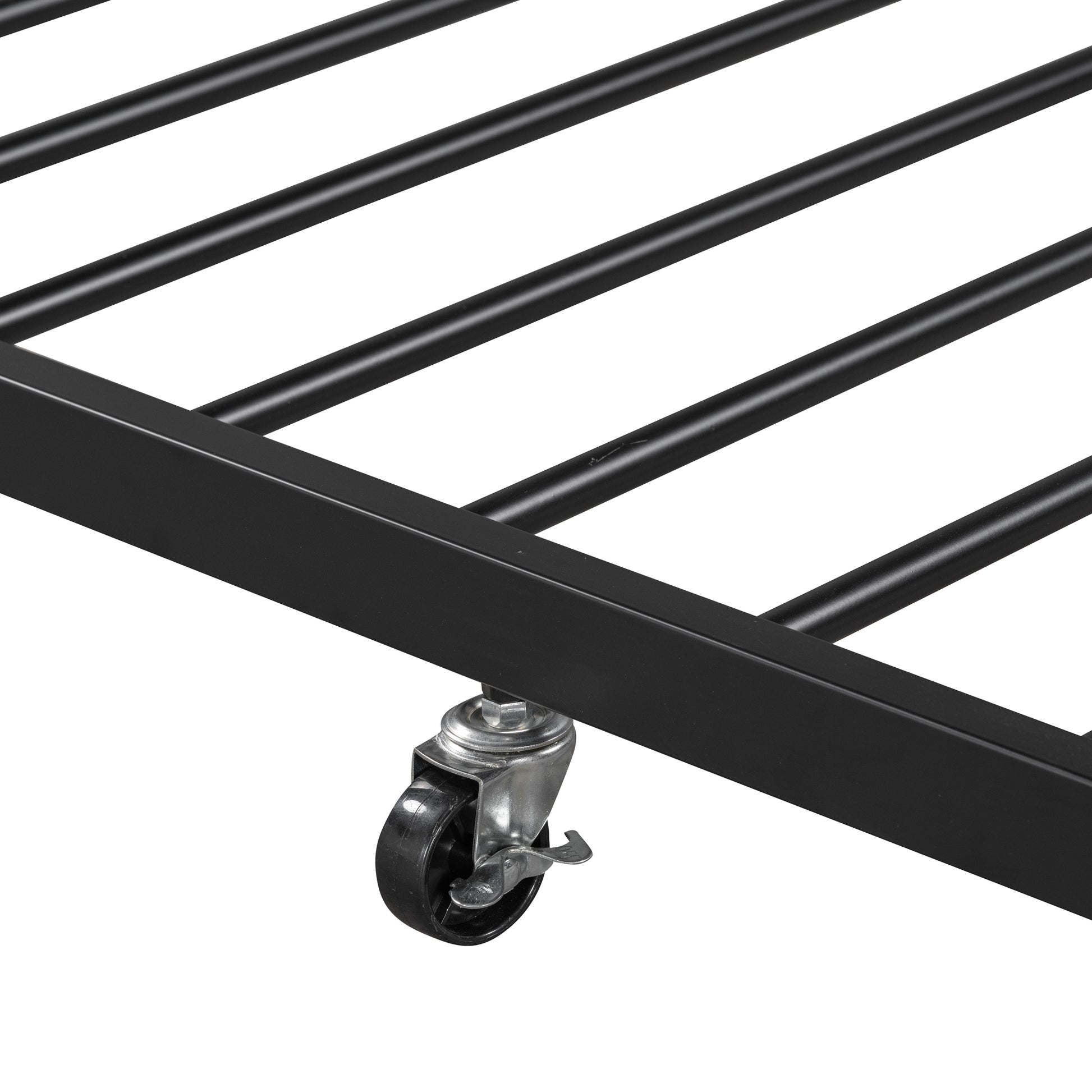 Queen Size Metal Platform Bed Frame With Twin Size Trundle, Upholstered Headboard, Sockets, Usb Ports And Slat Support, No Box Spring Needed, Black Black Metal