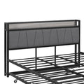 Queen Size Metal Platform Bed Frame With Twin Size Trundle, Upholstered Headboard, Sockets, Usb Ports And Slat Support, No Box Spring Needed, Black Black Metal