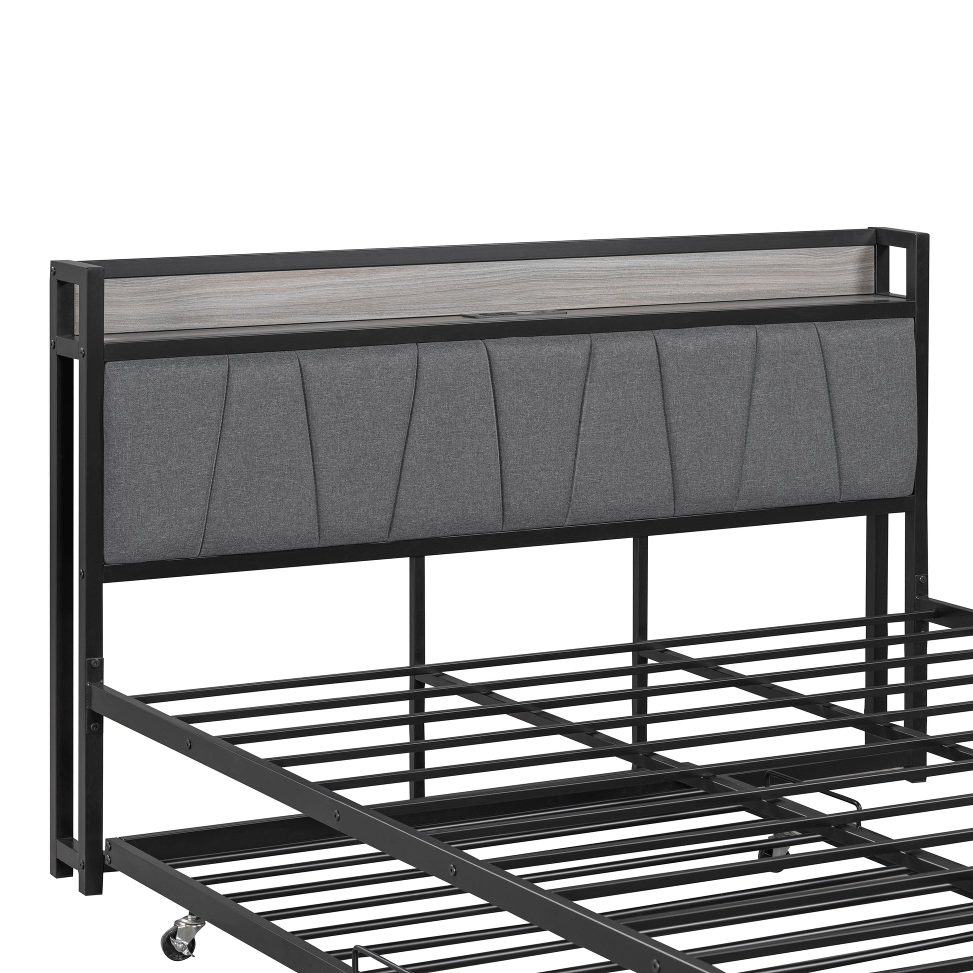 Queen Size Metal Platform Bed Frame With Twin Size Trundle, Upholstered Headboard, Sockets, Usb Ports And Slat Support, No Box Spring Needed, Black Black Metal