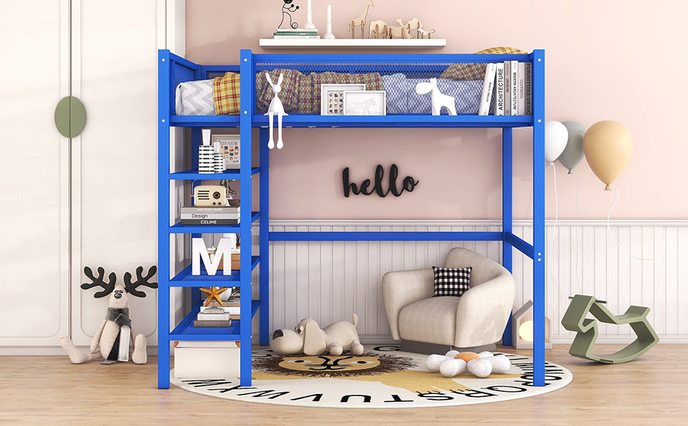 Full Size Metal Loft Bed With 4 Tier Shelves And Storage, Blue Full Blue Metal