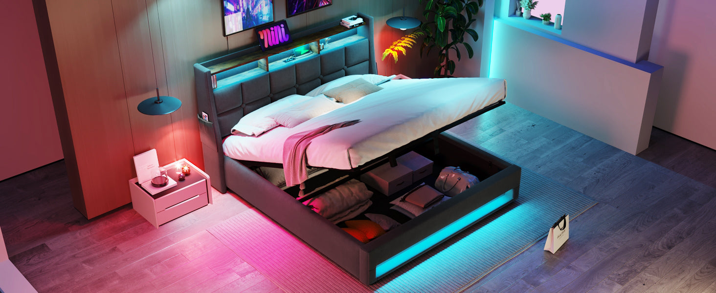 Queen Size Upholstered Platform Bed With A Hydraulic Storage System, Led And Usb Charging, Grey Without Mattress Queen Grey Metal & Wood