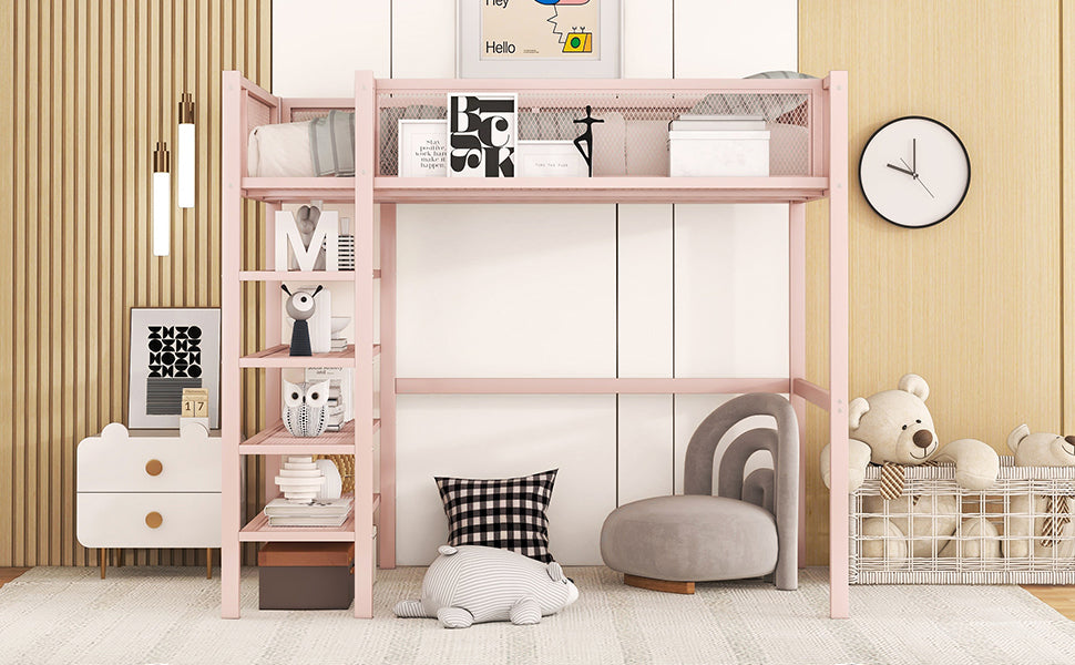 Twin Size Metal Loft Bed With 4 Tier Shelves And Storage, Pink Pink Metal
