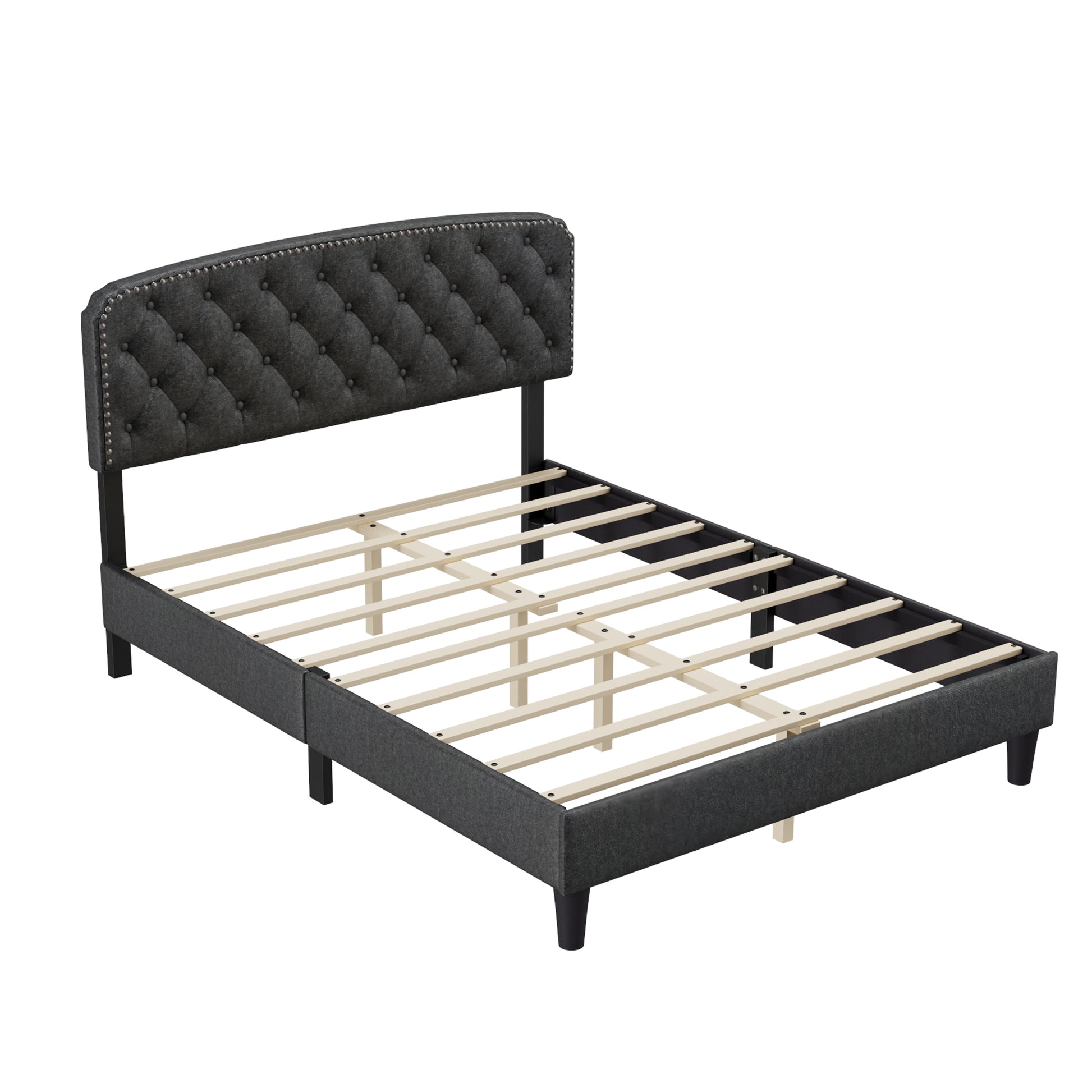 Queen Size Adjustable Headboard With Fine Linen Upholstery And Button Tufting For Bedroom, Wave Top Dark Grey Dark Grey Wood