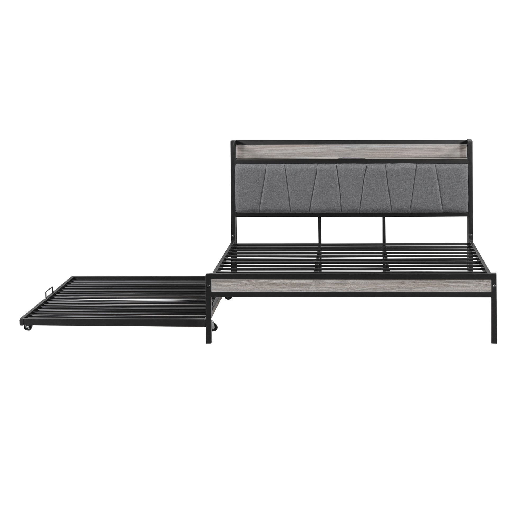 Queen Size Metal Platform Bed Frame With Twin Size Trundle, Upholstered Headboard, Sockets, Usb Ports And Slat Support, No Box Spring Needed, Black Black Metal