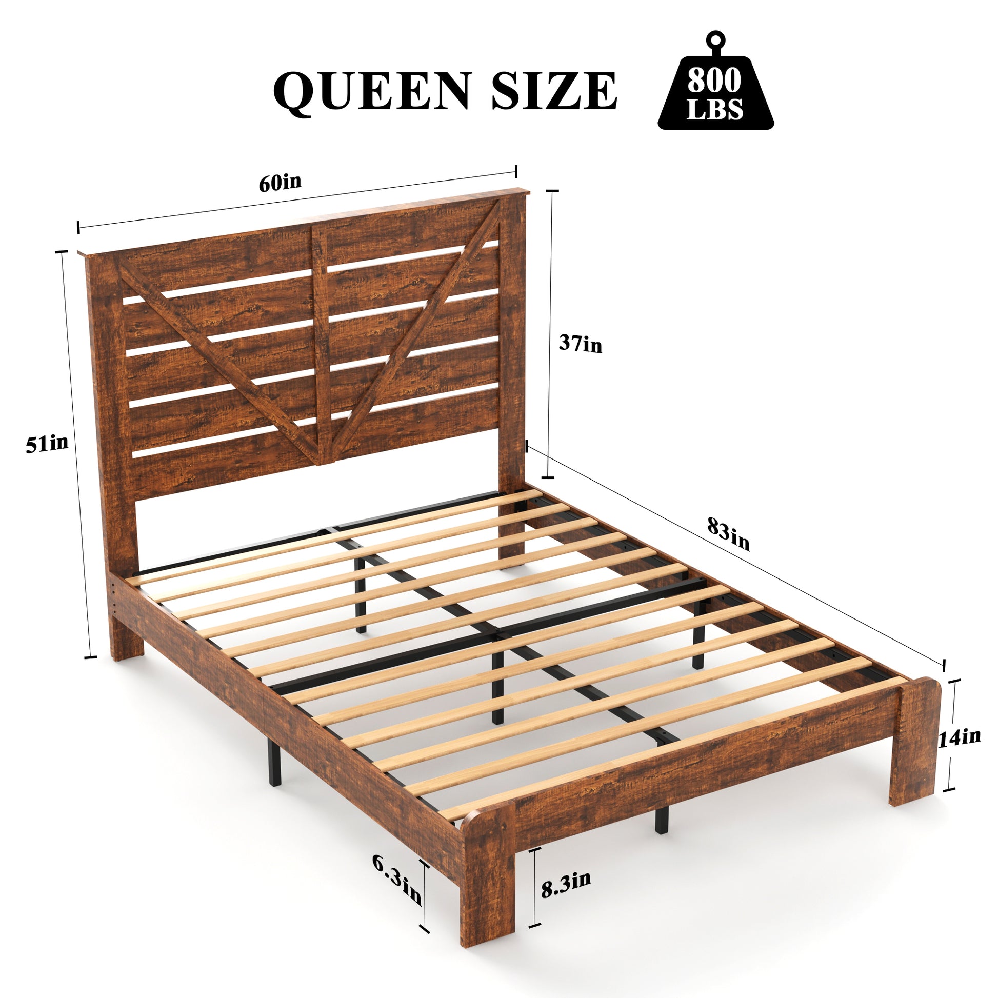 Queen Bed Frame Headboardwood Platform Bed Framenoise Free,No Box Spring Needed And Easy Assembly Tool,Large Under Bed Storage, Vintage Brown Box Spring Not Required Queen Dark Brown Bedroom Bed Frame Metal & Wood