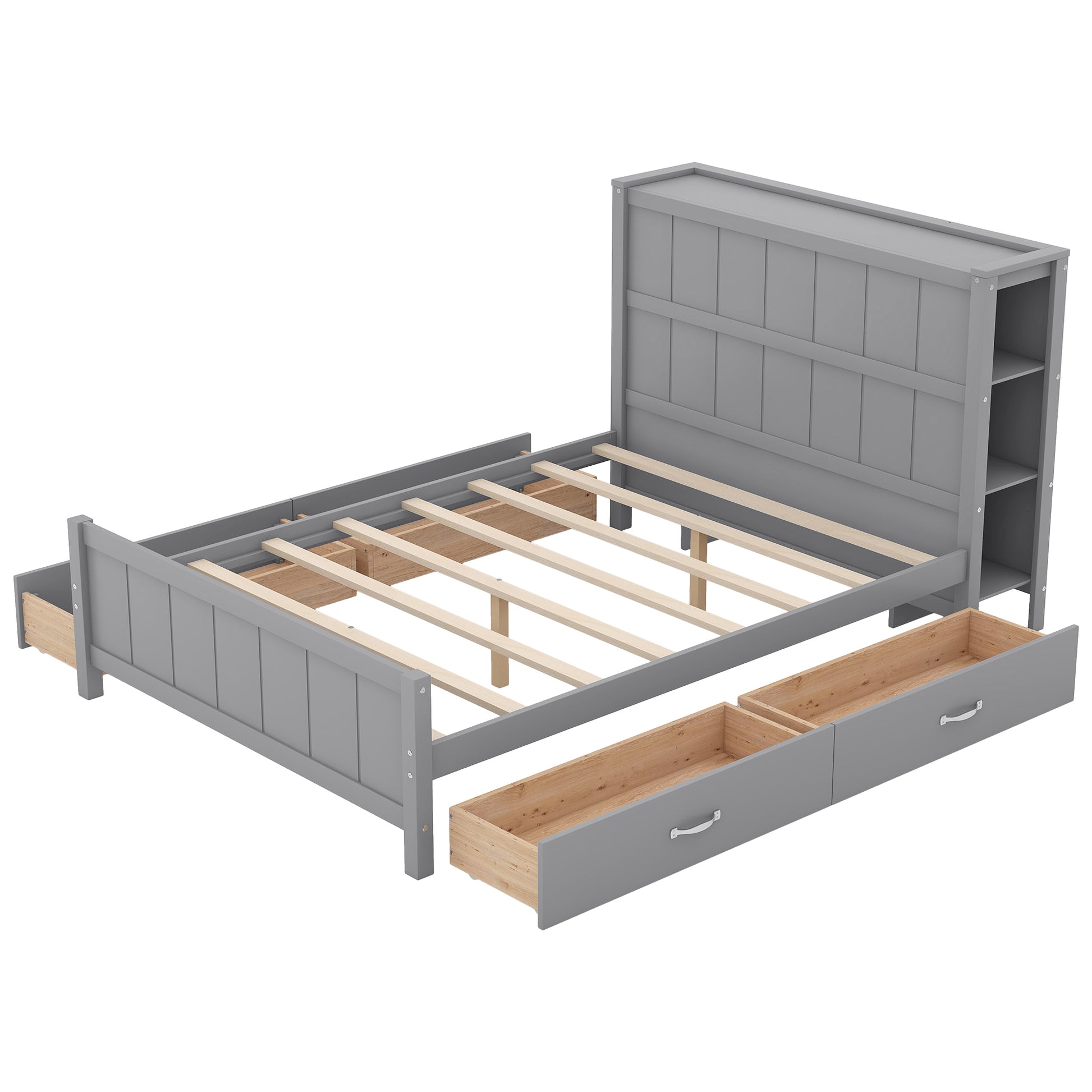 Full Size Platform Bed With Drawers And Storage Shelves, Gray Gray Solid Wood Mdf