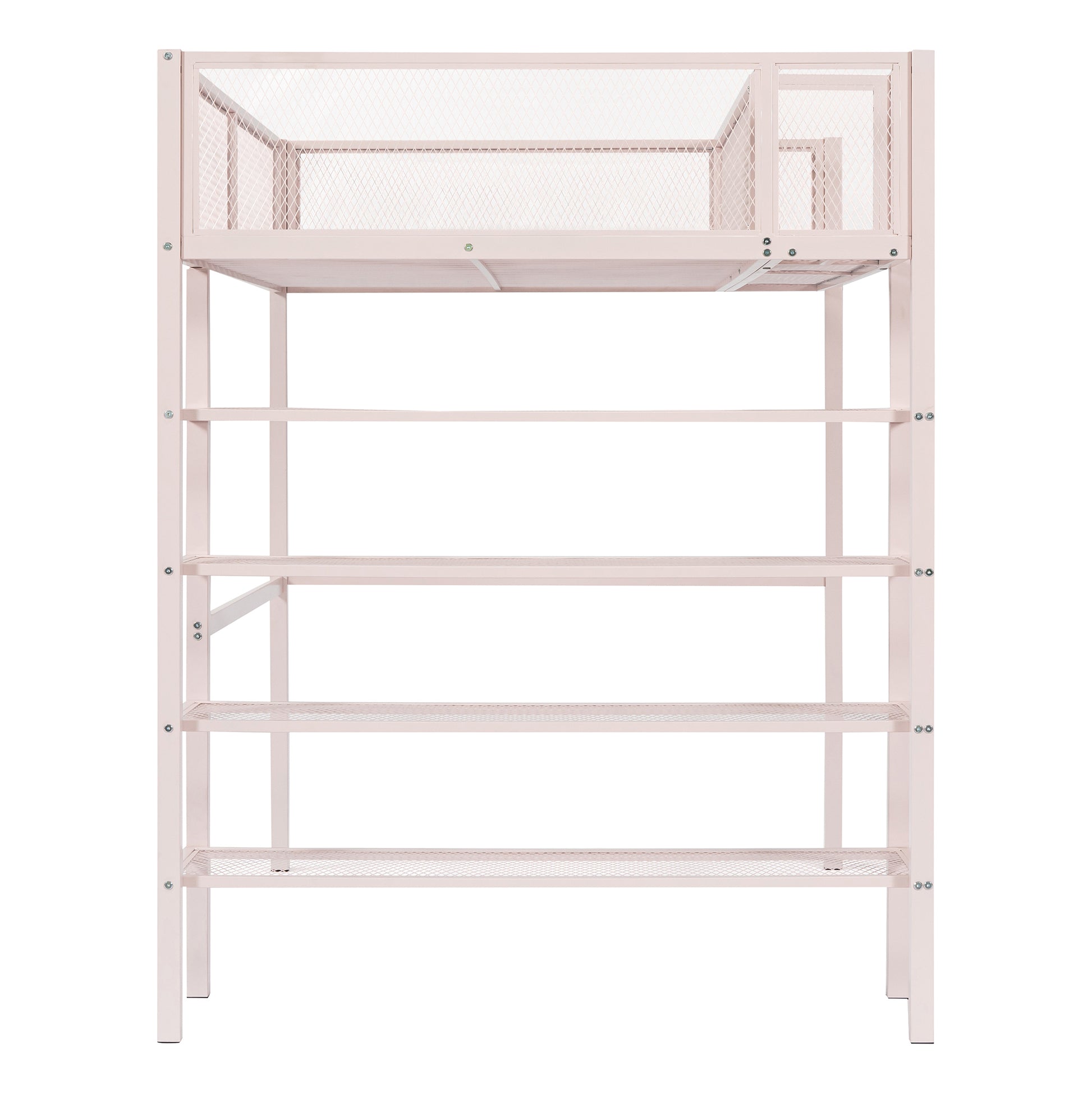 Twin Size Metal Loft Bed With 4 Tier Shelves And Storage, Pink Pink Metal