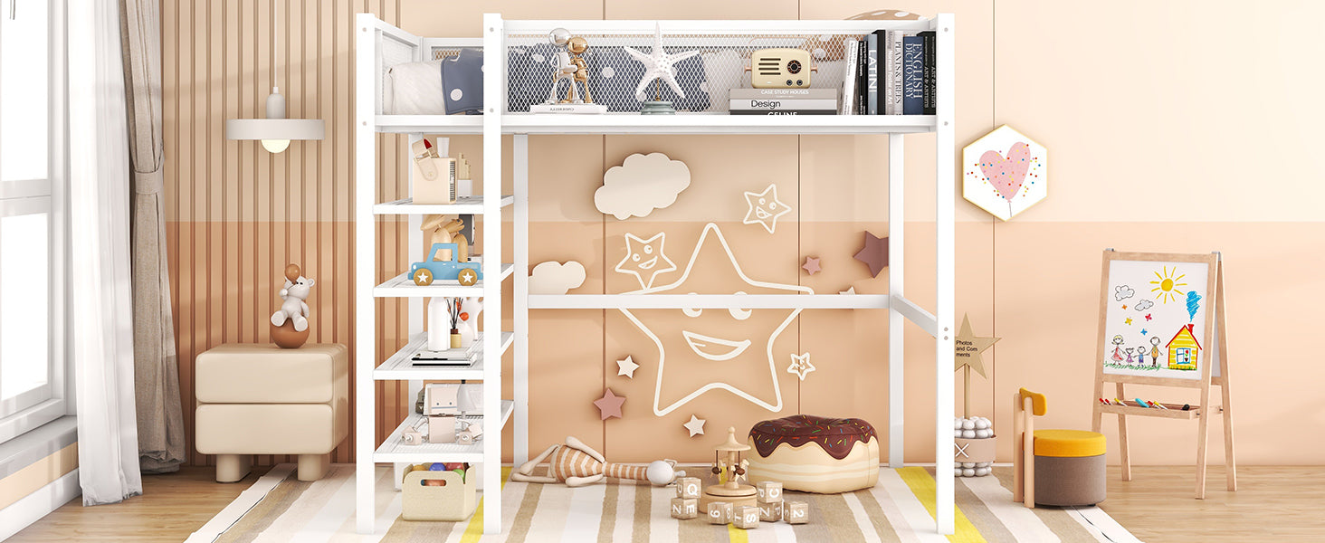 Full Size Metal Loft Bed With 4 Tier Shelves And Storage, White Full White Metal