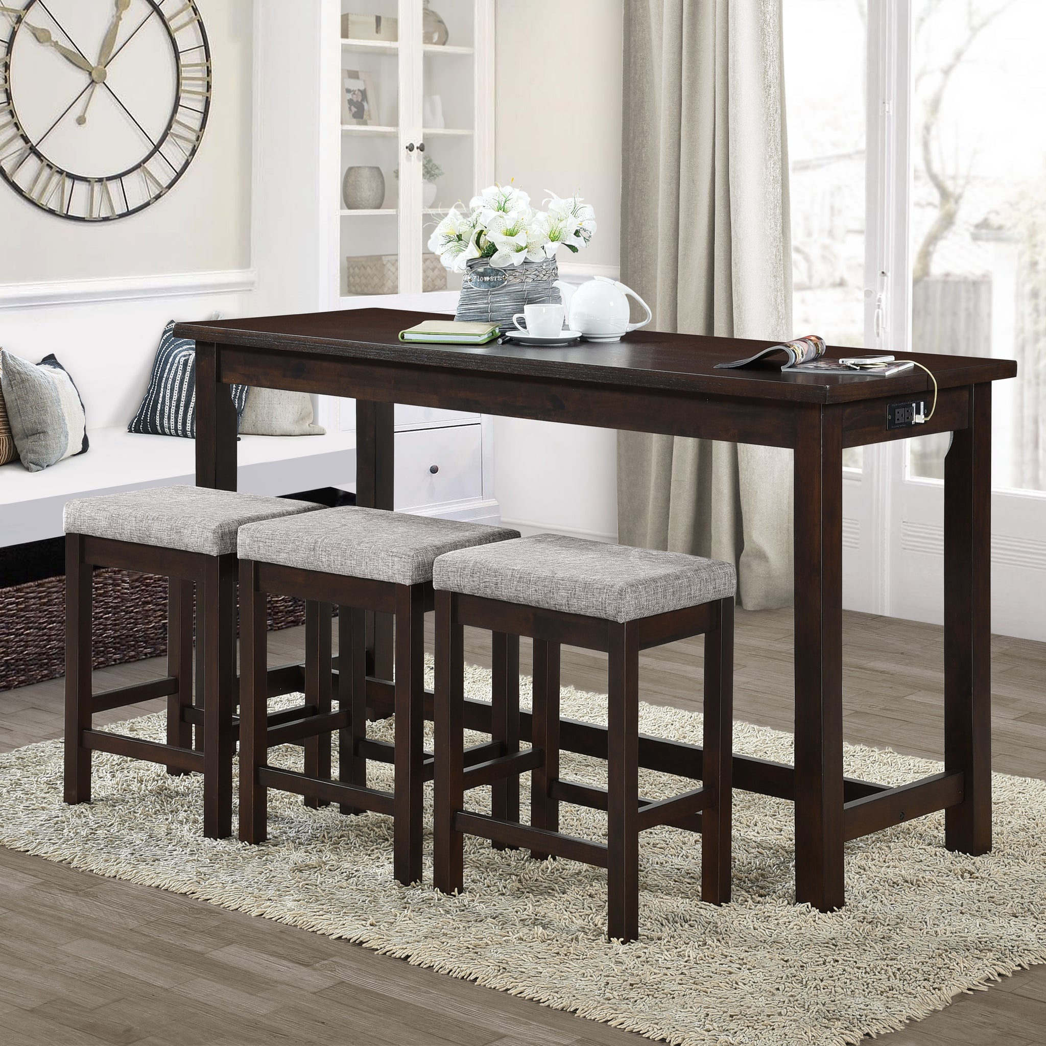 4Pc Counter Height Dining Set Espresso Finish Counter Height Table W Drawer Built In Usb Ports Power Outlets And 3 Stools Casual Dining Furniture Wood Wood Espresso Wood Dining Room Casual,Transitional Rectangular Dining Table With Chair Wood
