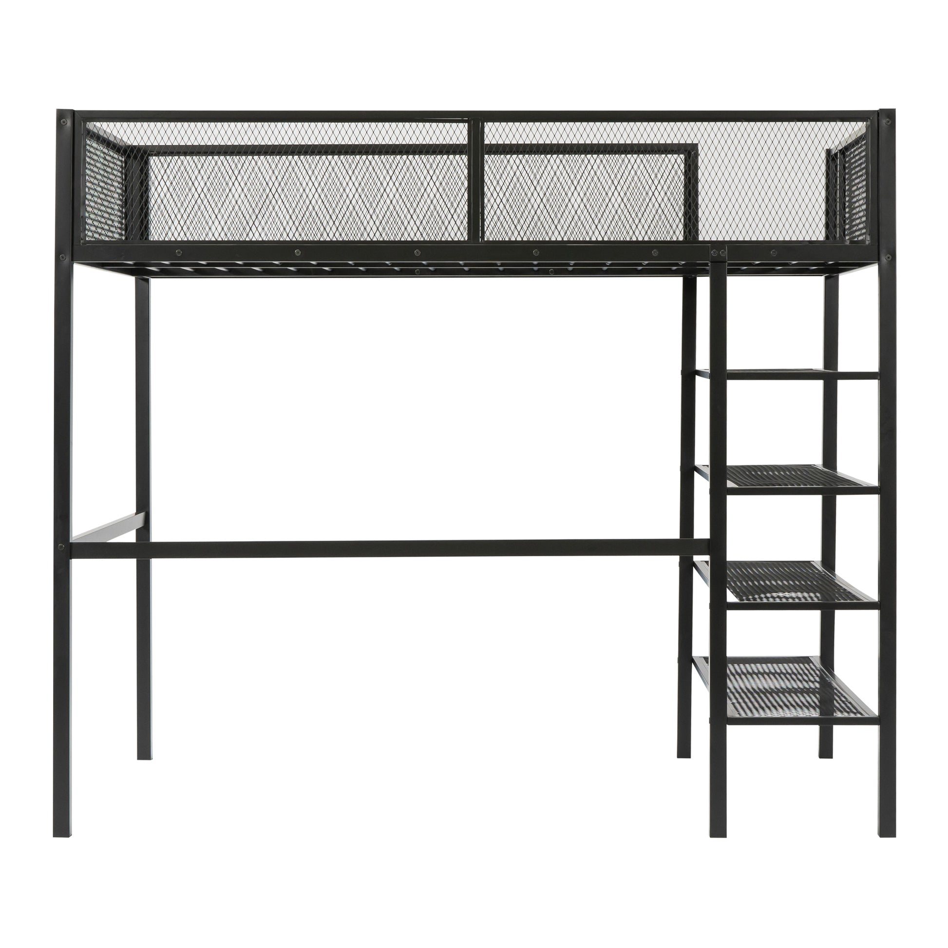 Twin Size Metal Loft Bed With 4 Tier Shelves And Storage, Black Black Metal