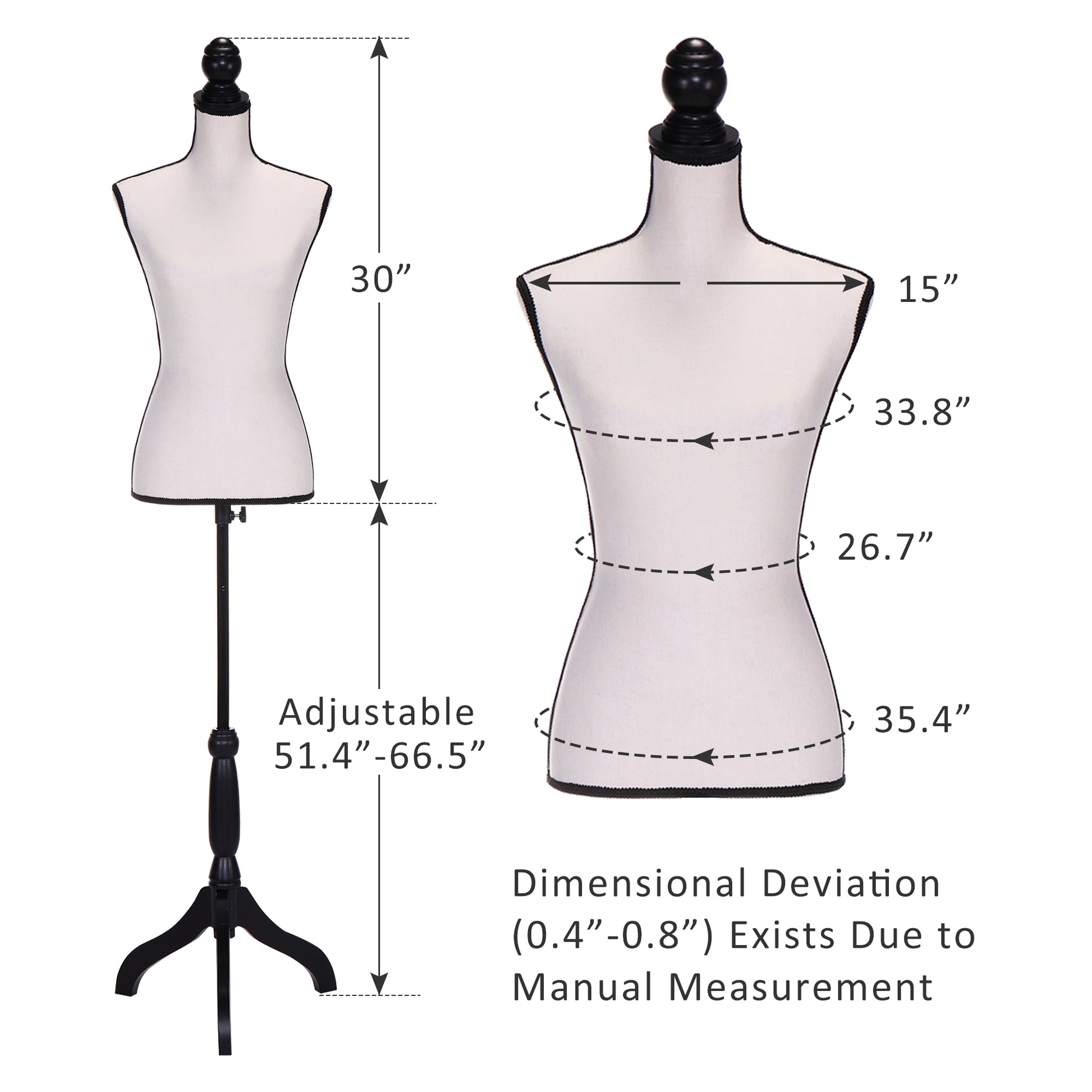 Female Mannequin Torso Dress Form Manikin Body Model With Tripod Wood Stand 51.2" 66" Adjustable Height, Beige Beige Mdf