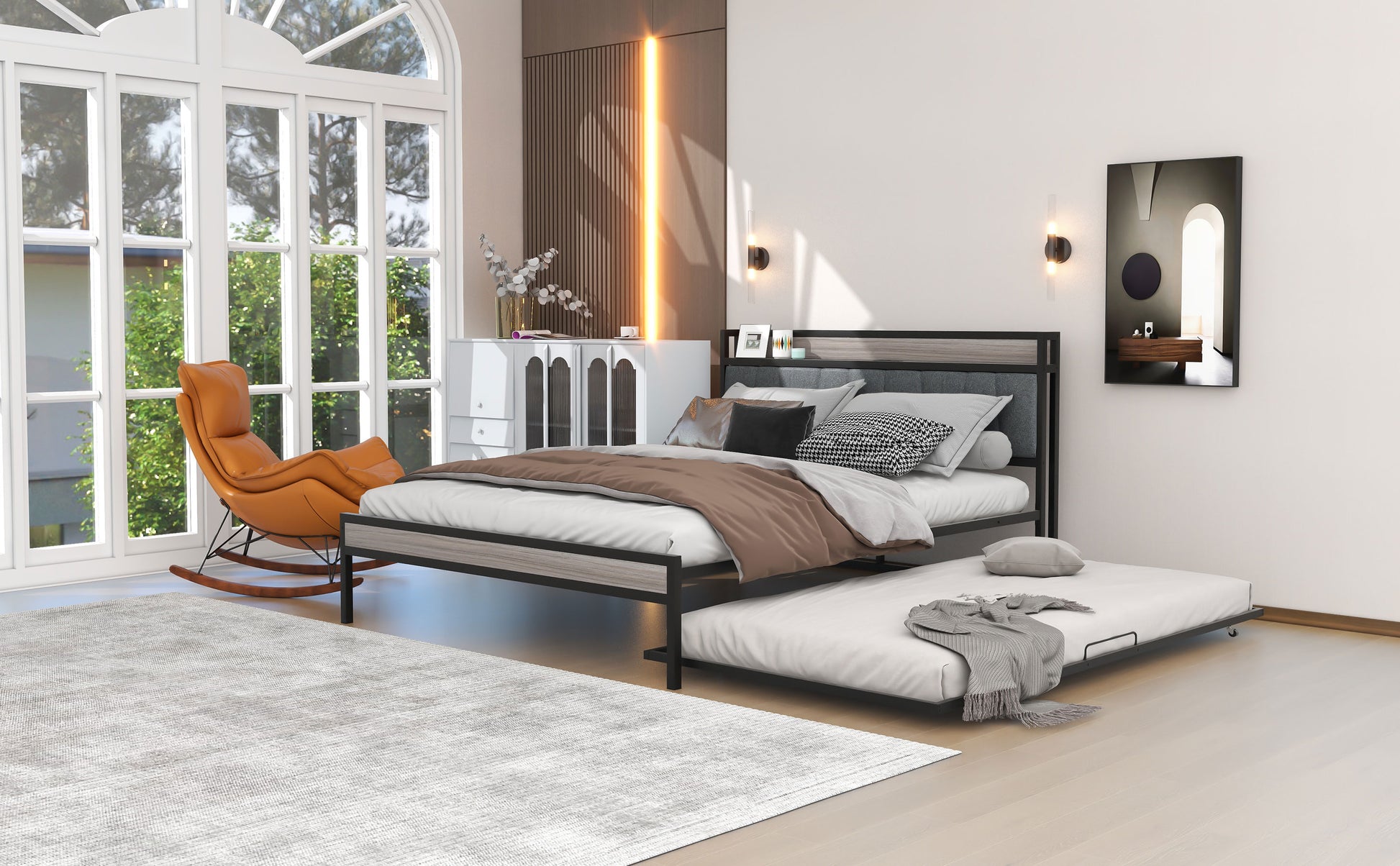 Queen Size Metal Platform Bed Frame With Twin Size Trundle, Upholstered Headboard, Sockets, Usb Ports And Slat Support, No Box Spring Needed, Black Black Metal